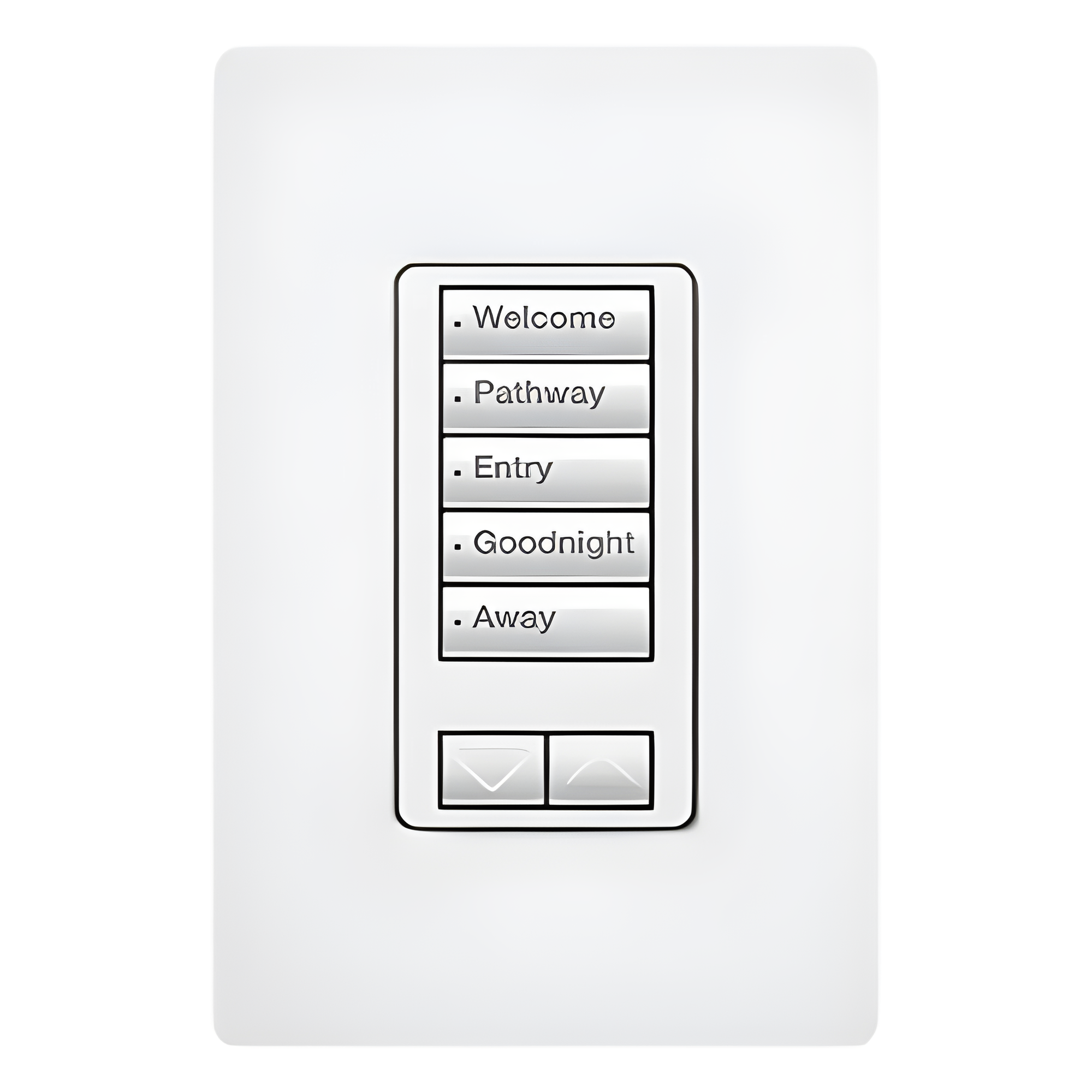 Teclado de pared seeTouch de 5 botones con subir/bajar para control de luces y cortinas en sistemas RadioRA 2, 120 V, retroiluminado, color blanco — LUTRON ELECTRONICS · SKU RRDW5BRLWH