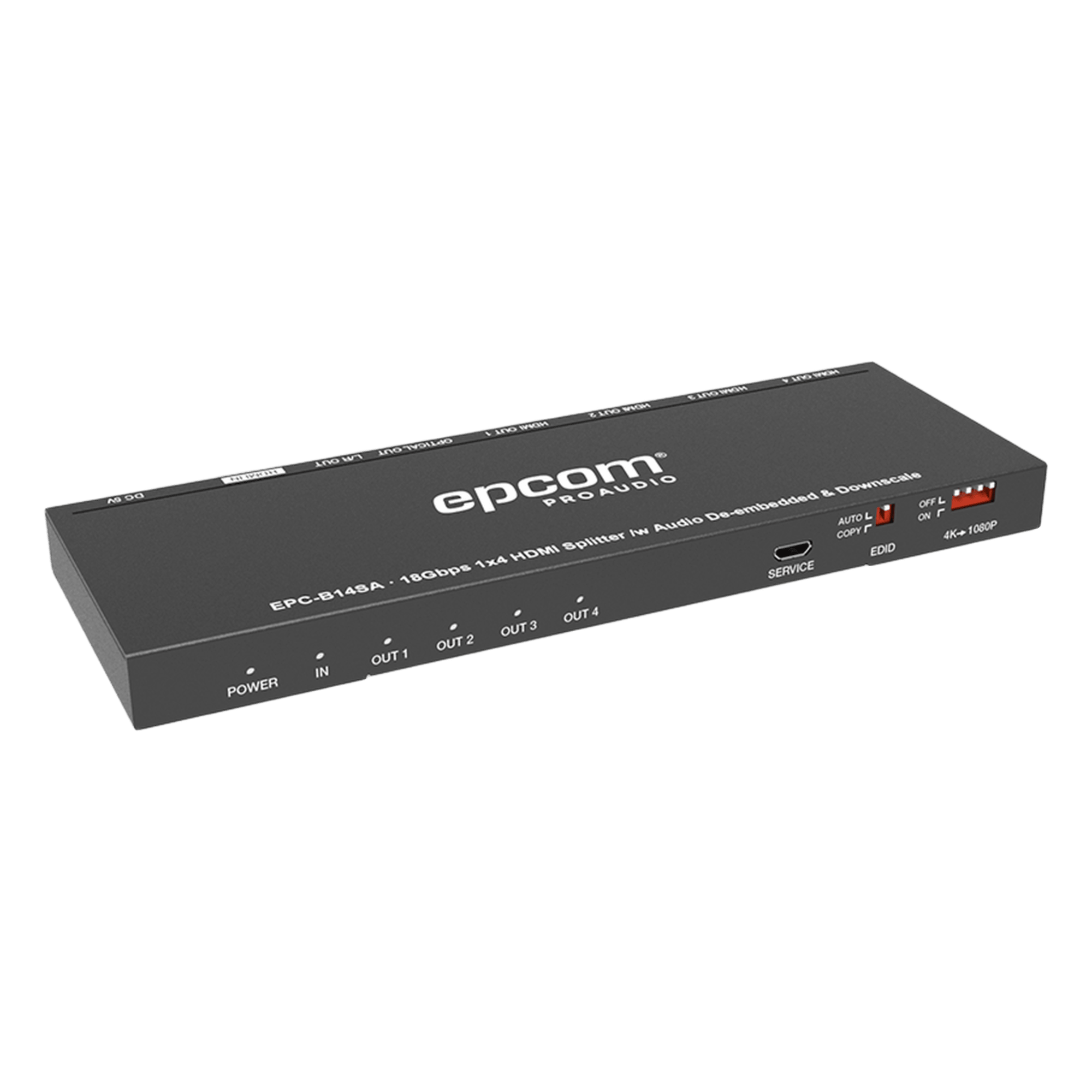 Splitter HDMI 1x4 | 1 Entrada a 4 salidas (Simultaneas) | 4K@60Hz | Extractor de Audio | Down Scaler | HDR 4:4:4 | EDID | 18Gbps — EPCOM PROAUDIO · SKU EPC-B14SA