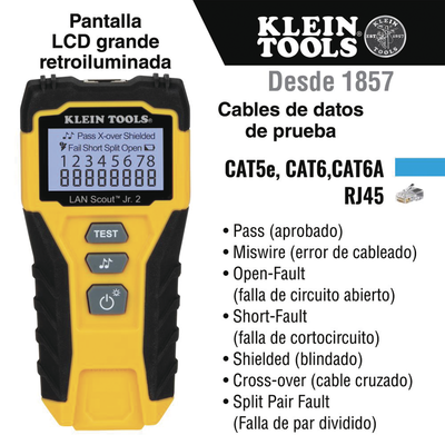 Tester de Cable LAN Scout™ Jr. 2/ Para: Prueba aprobada/ Error de Cableado/ Falla de Circuito Abierto o Cortocircuito/ Par Dividido/ Blindaje.