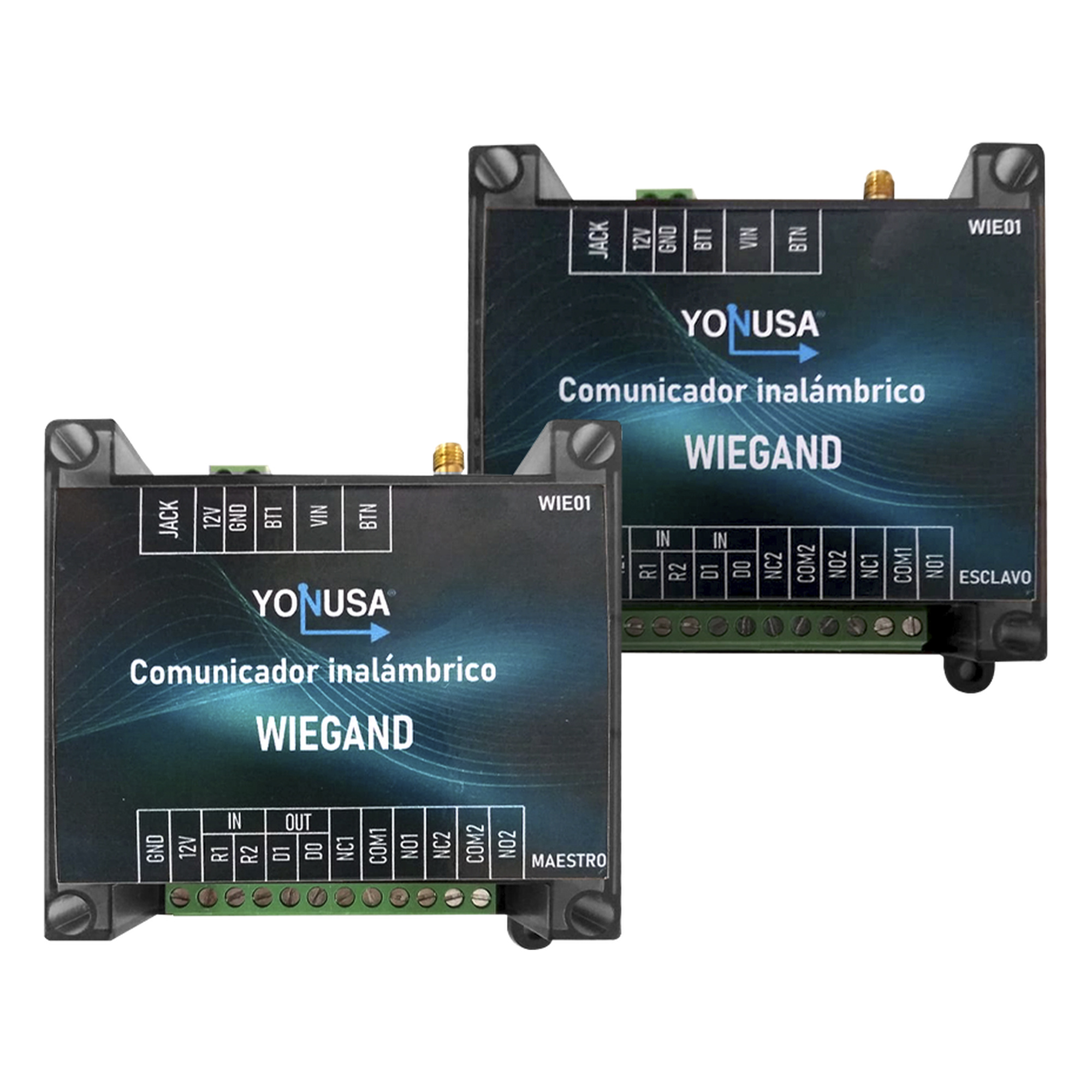 Convertidor de lectora para control de acceso (cableado a inalámbrico) / 1 Wiegand / 2 Relevadores / 2 Entradas / Hasta 1.6 KM de distancia — YONUSA · SKU WIE01
