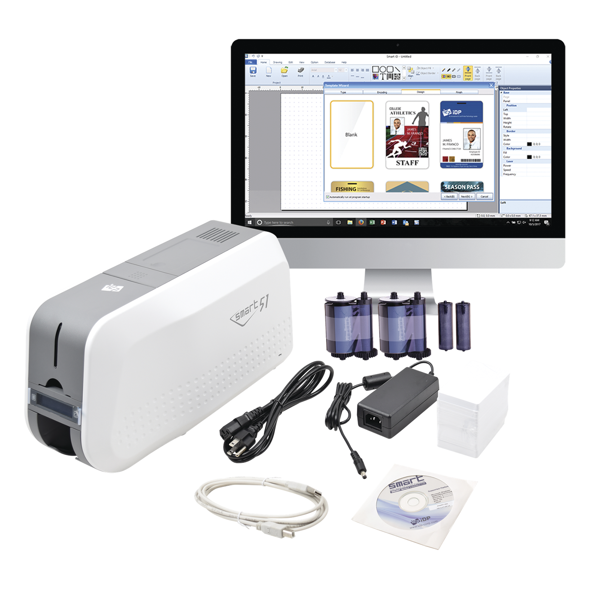Kit de Impresora tarjetas de PVC / Puede Crecer a Laminador/ Una Cara / Incluye: 2 x Ribbon a Color, 100 Tarjetas PVC, Kit de Limpieza, Software — IDP · SKU SMART51SK