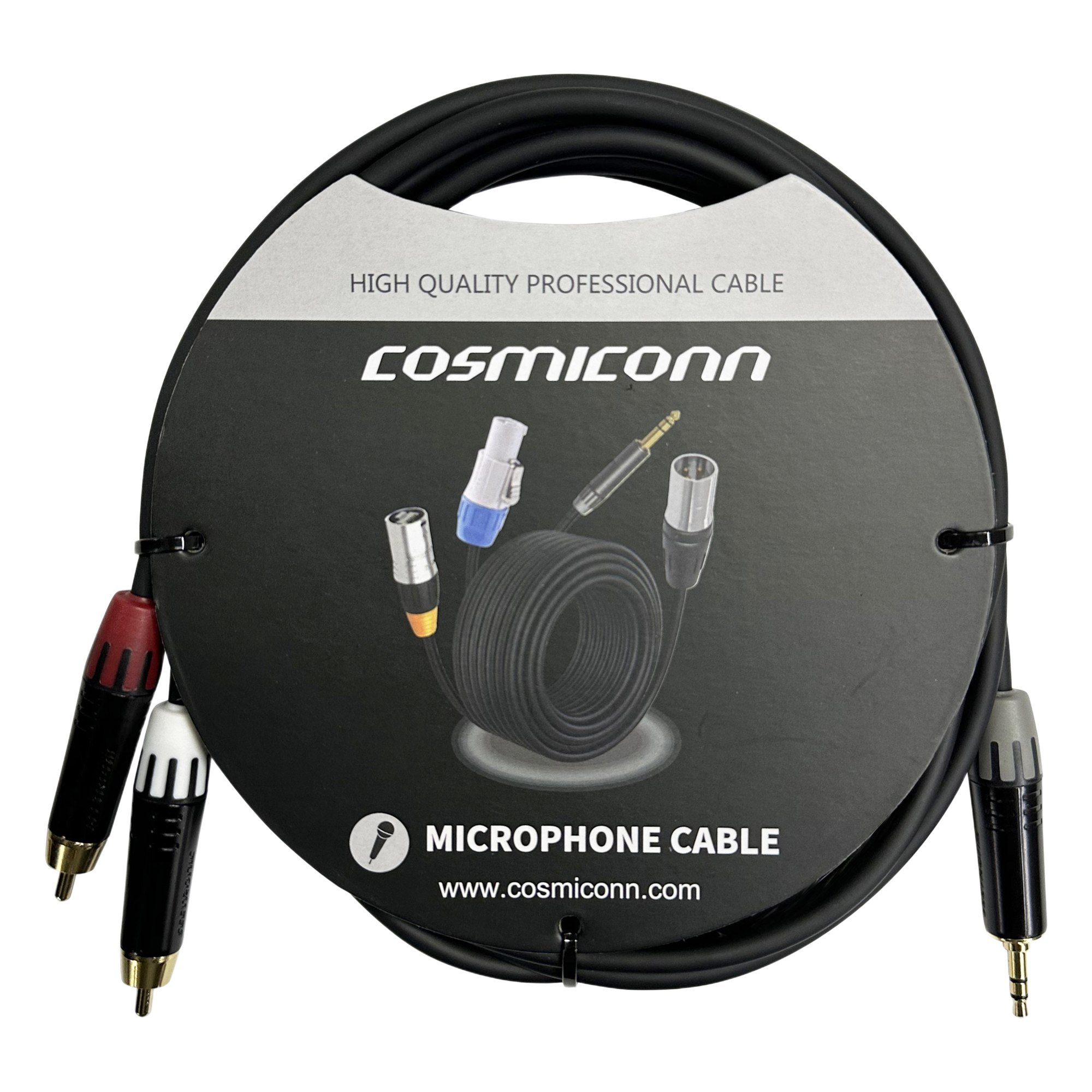 Cable 3.5mm a 2 RCA, conectores negros, con diferenciador de blanco y rojo en RCA MT380-RD - MT380-WH - MTP3C-BG, length 3m — COSMICONN · SKU CMC220AS-TP-2RM-3-YBG1