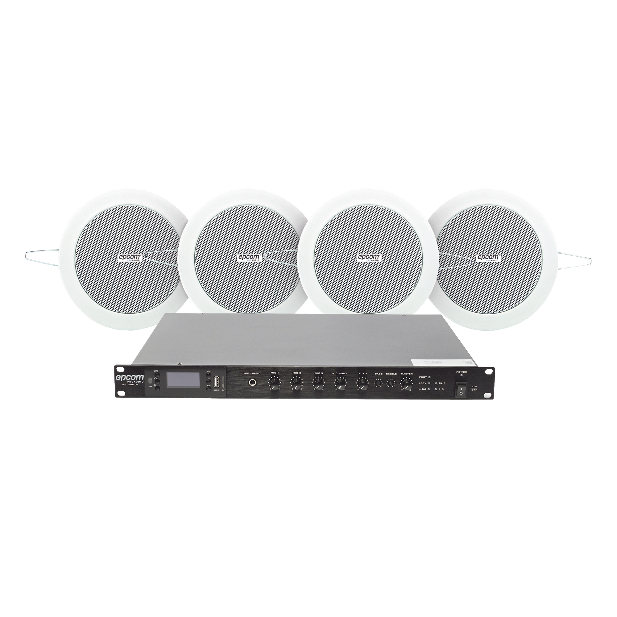 KIT de Amplificador de 120W para Rack | 4 Altavoces de Plafón de 4in | 3 - 6W | Sistema 70/100V — EPCOM PROAUDIO · SKU SF120DTB/4CS