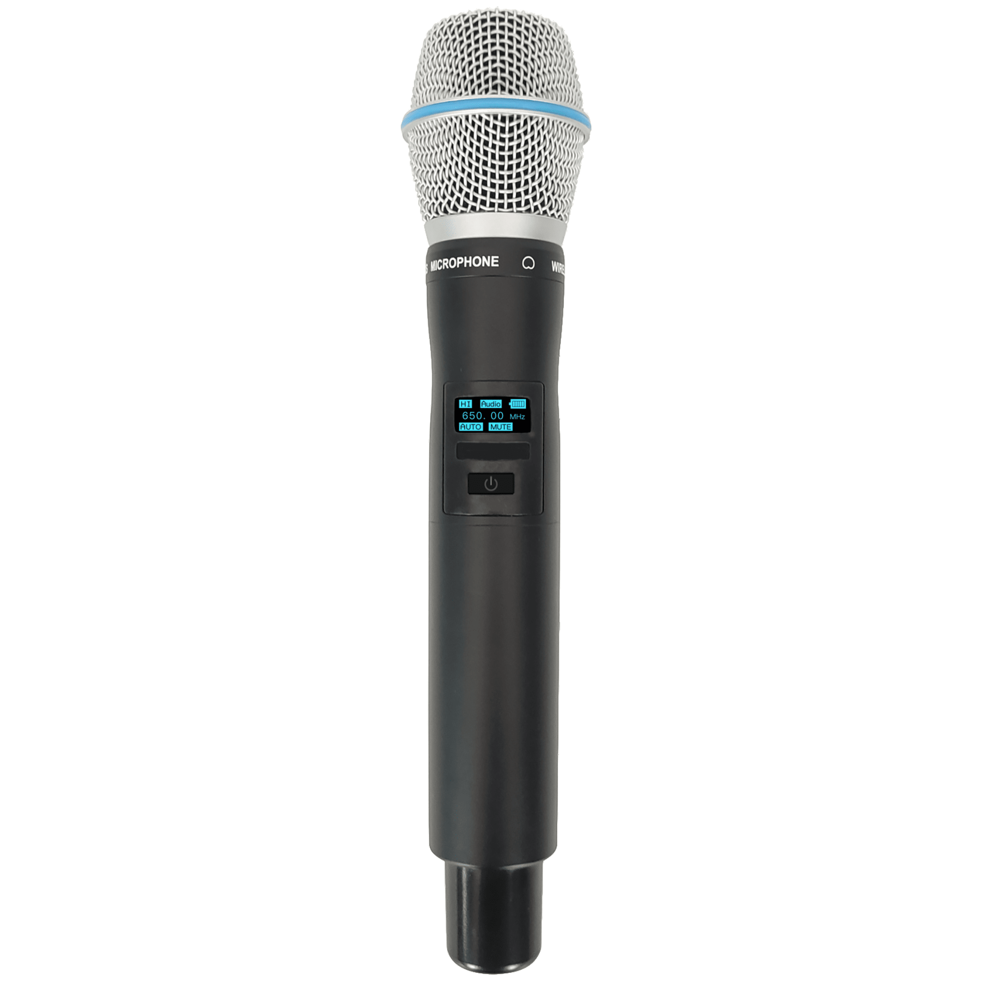Micrófono Mano Inalámbrico EP-59H | Rango Frecuencia 470-510MHz, 540-590MHz, 640-690MHz, 807-830MHz | Potencia Salida ≥10dBm | Autonomía >10 Horas | Mute Automático por Caída | Display OLED | 7 Niveles Potencia Aju