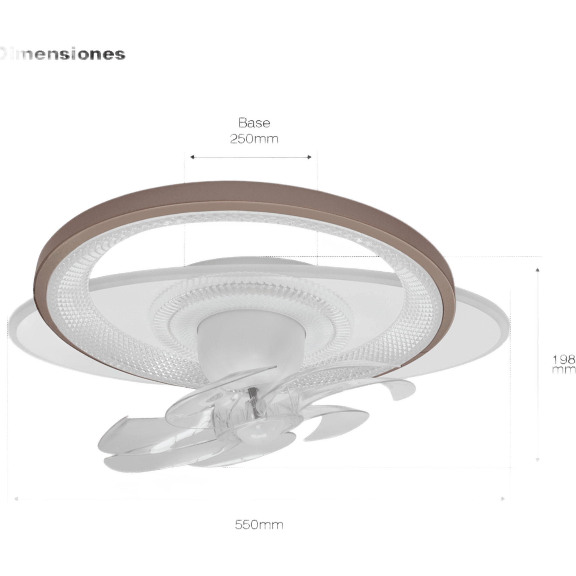 Ventilador de Techo con Luminario LED de 110 V CA 50/60 Hz / 88 W / 3 Tonos de Luz (6500 - 4 000 - 2 700 K) / Con giro 360° / Diámetro 550 mm / 6 Velocidades / Dimeable.