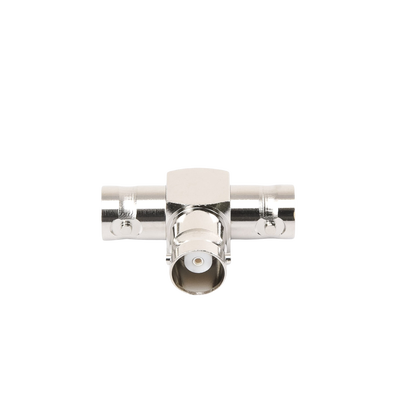 Adaptador Triple en T para 50 Ohm de BNC Hembra a Doble BNC Hembras, Níquel/ Plata/ Teflón.