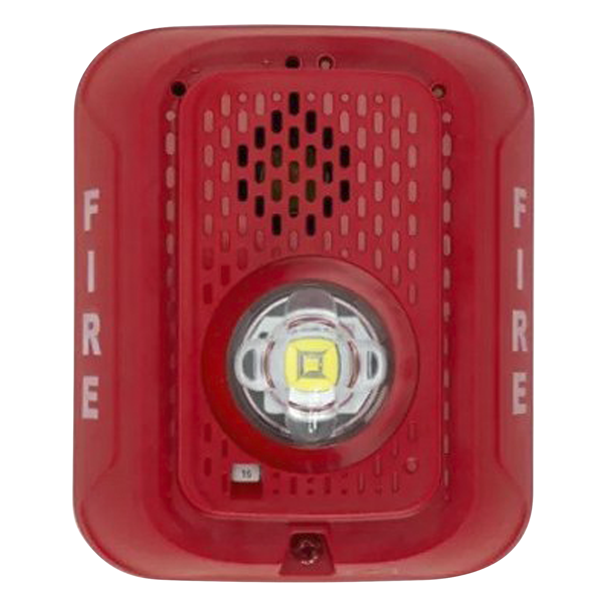 Sirena con estrobo LED de 2 hilos para pared, 24 Vcd, candela seleccionable hasta 185 cd, puntos de prueba DVM, color rojo — SYSTEM SENSOR · SKU P2RLED