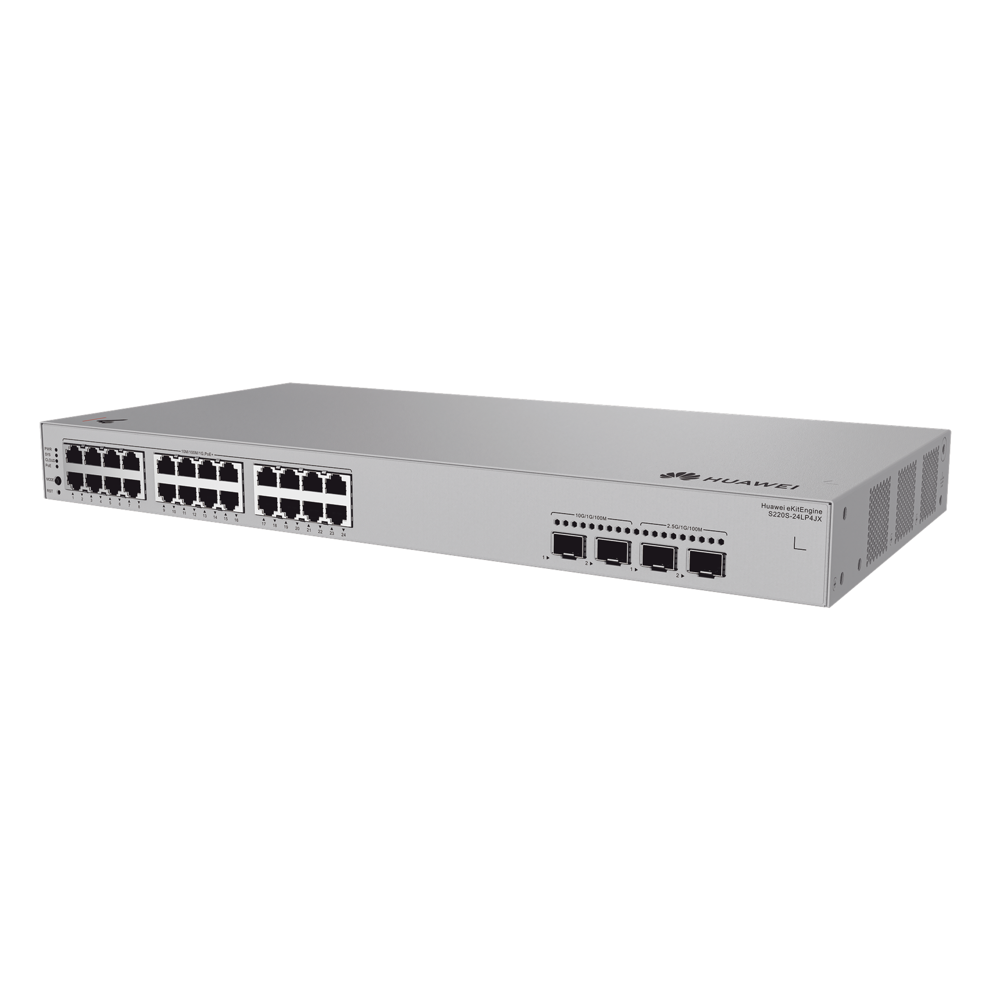 Switch de Acceso eKit Administrable / Capa 2 / 24 Puertos PoE+ Gigabit + 2 Puertos SFP (2.5 Gbps) + 2 Puertos SFP+ /  PoE Perpetuo / Presupuesto PoE 195 W / Sin licenciamiento — HUAWEI · SKU S220S-24LP4JX
