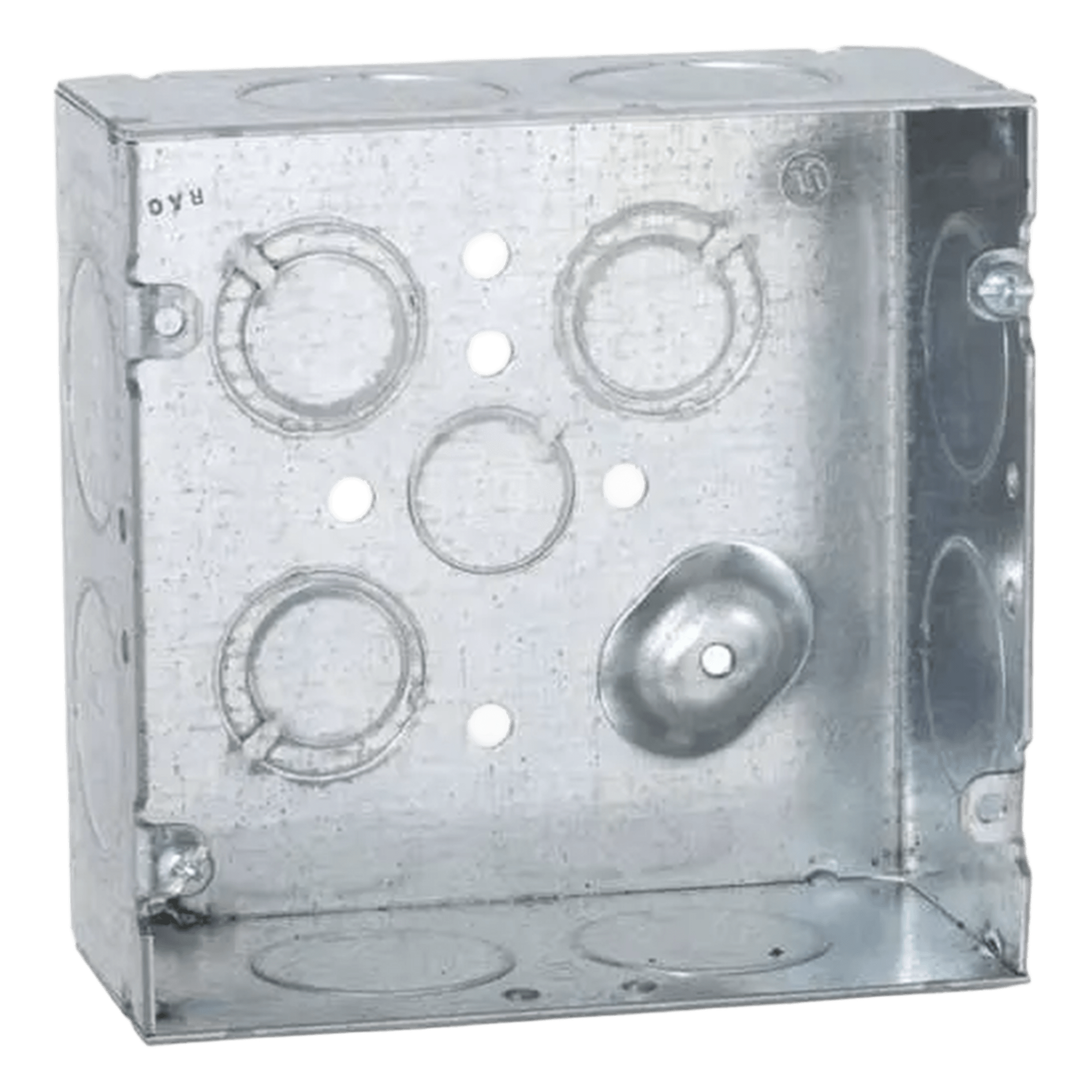Caja Cuadrada 4 11/16 x 4 11/16"/ Profundidad 2- 1/8"/ Cuenta con 1 Entrada de 1/2", 8 de 1" y  3 TKO  (1/2"-3/4"). — RACO · SKU HUB-258