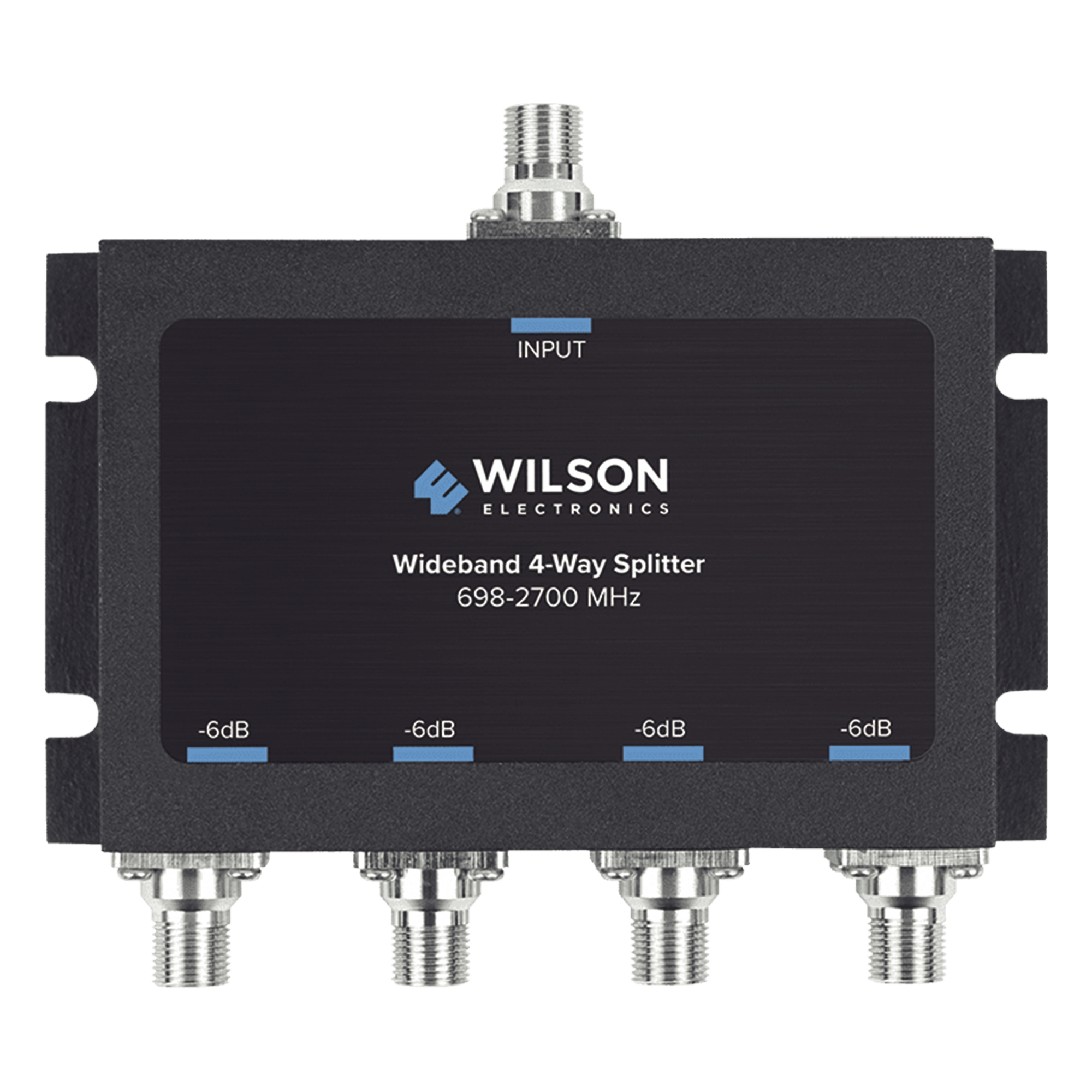 Divisor de potencia de 4 vías para la distribución de señal a dos antenas de servicio | 6 dB de pérdida por puerto | Conectores F hembra — WILSONPRO / WEBOOST · SKU 850-036