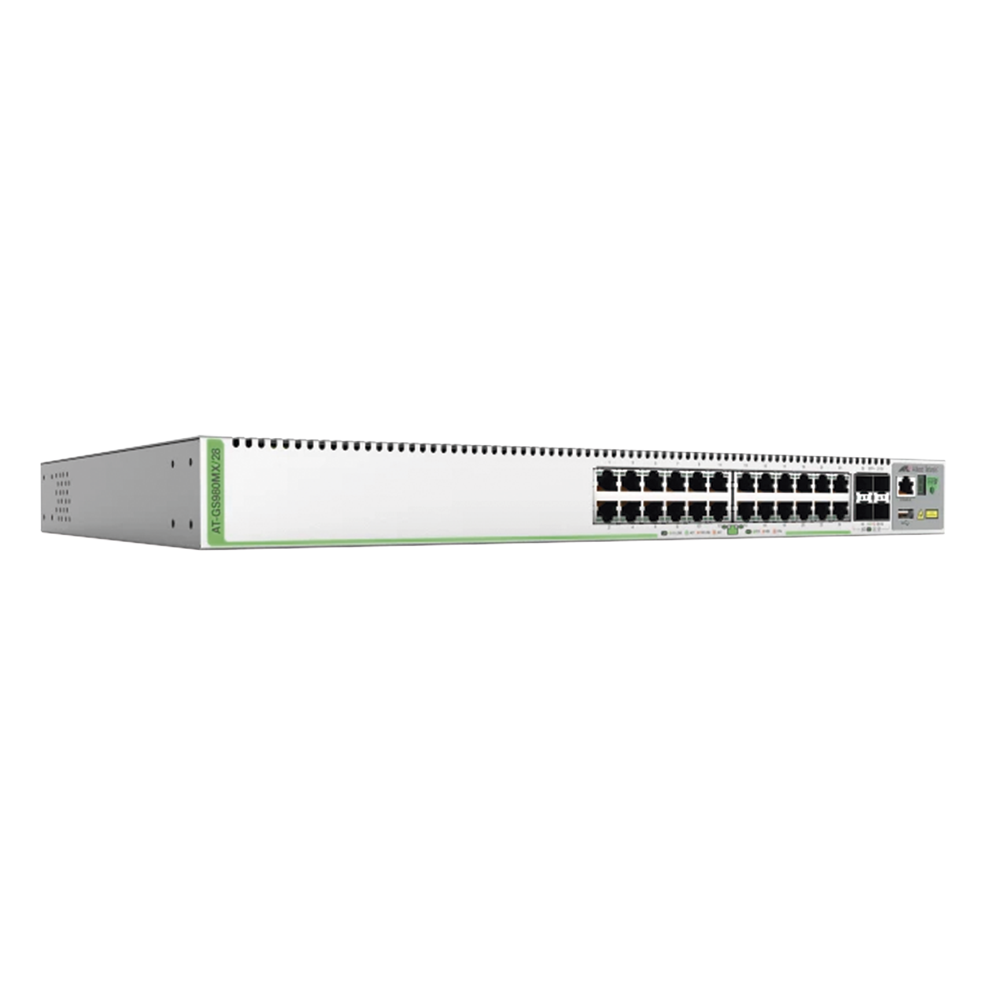 (GS980MX/28) Switch Stack L3, 24 puertos 10/100/1000-T, 4 Puertos SFP+ 10G, Fuente de poder fija — ALLIED TELESIS · SKU AT-GS980MX/28-10