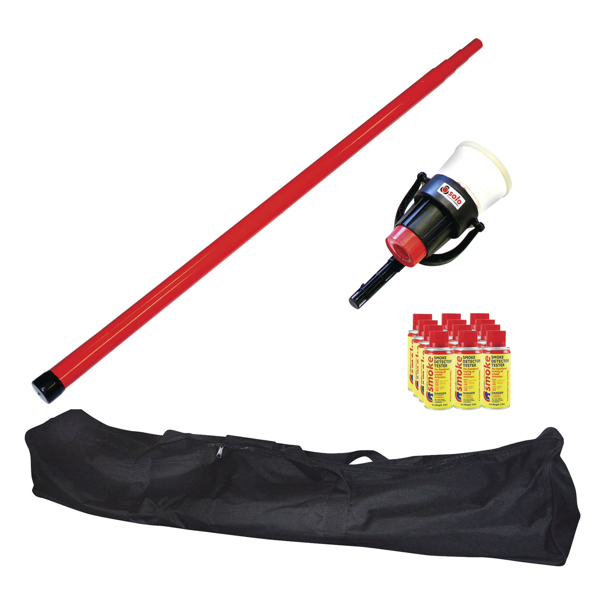 Kit De Prueba De Detectores De Humo, Incluye Pértiga Telescópica SOLO-100 4.6m, Dispensador SOLO-330 4", 12 Latas De Humo M8 y Bolsa De Transporte SOLO-604 — SDI · SKU SOLO-809-KIT
