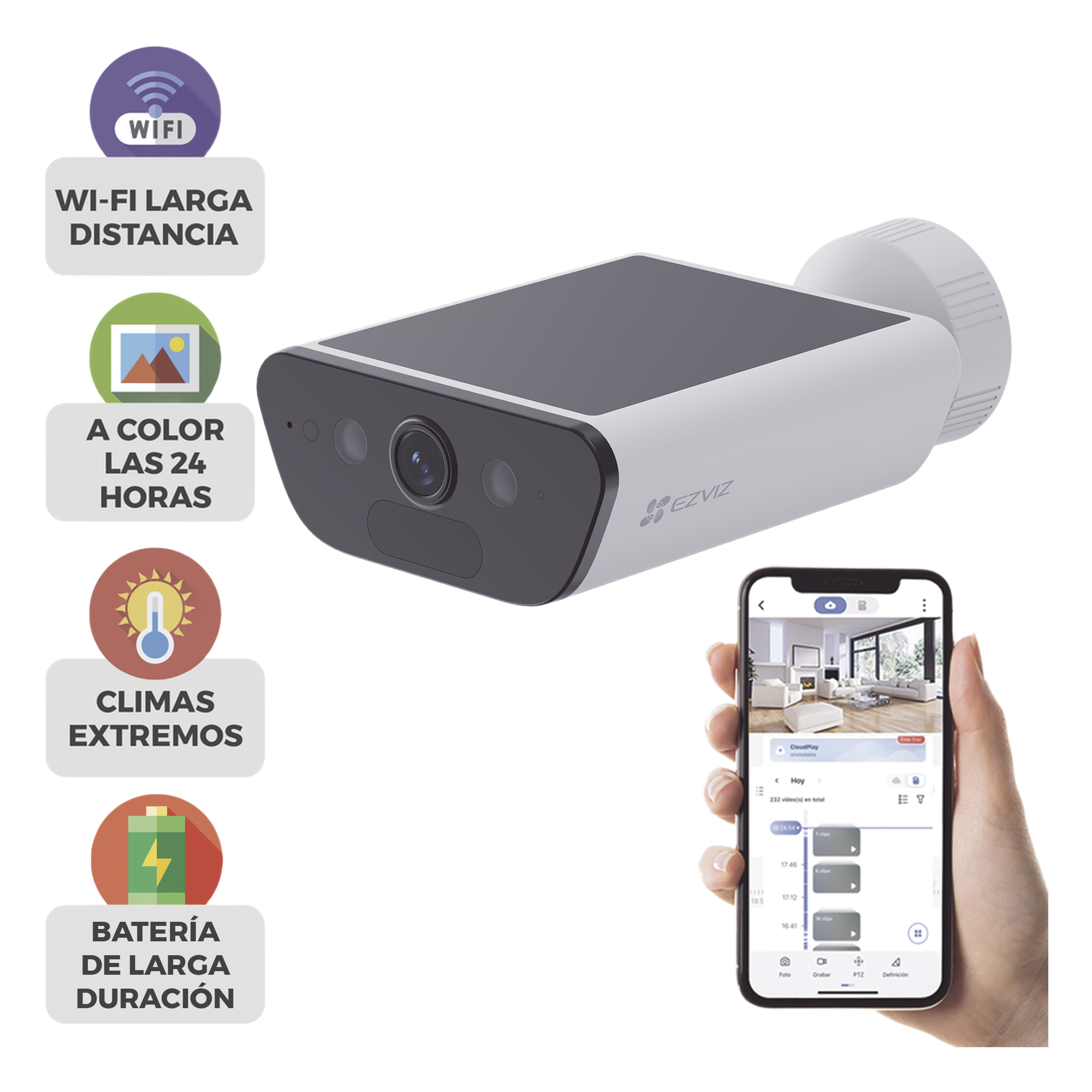 Camara de Bateria con Panel Solar Integrado / 4K Resolucion / WI-FI 6 / Vision Nocturna / Detección Humana y de Vehiculos / Batería de 10400 MAH / IP65 — EZVIZ · SKU CS-CB5-4K