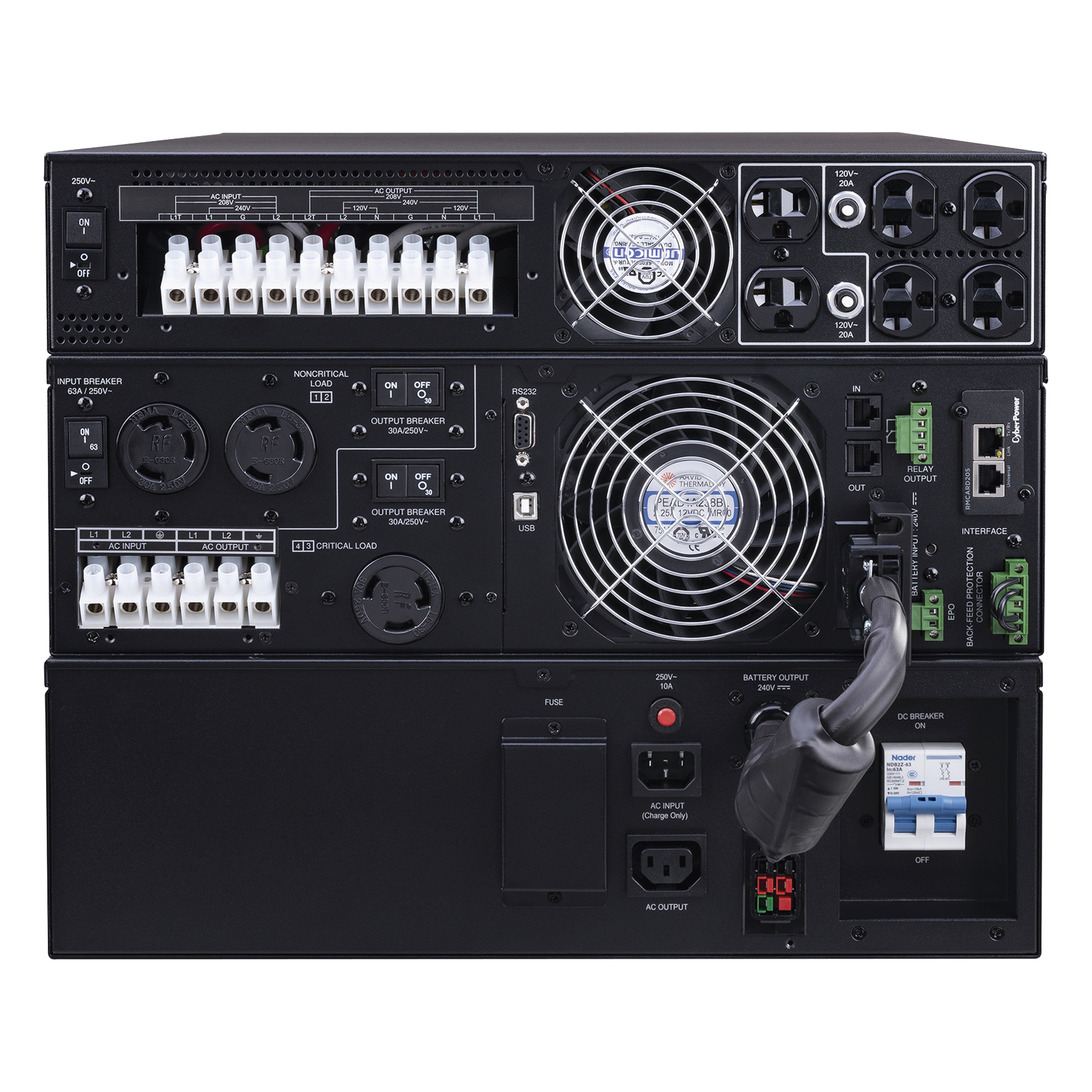 UPS de 10000 VA/10000 W, Online Doble Conversión, 200 - 240 Vac de Entrada, 120 - 240 Vac de Salida, Entrada Hardwired, Onda Senoidal Pura, Torre o Rack de 8 UR, Con 6 Tomas NEMA 5-20R, 3 NEMA L6-30R y Terminal Hardwire