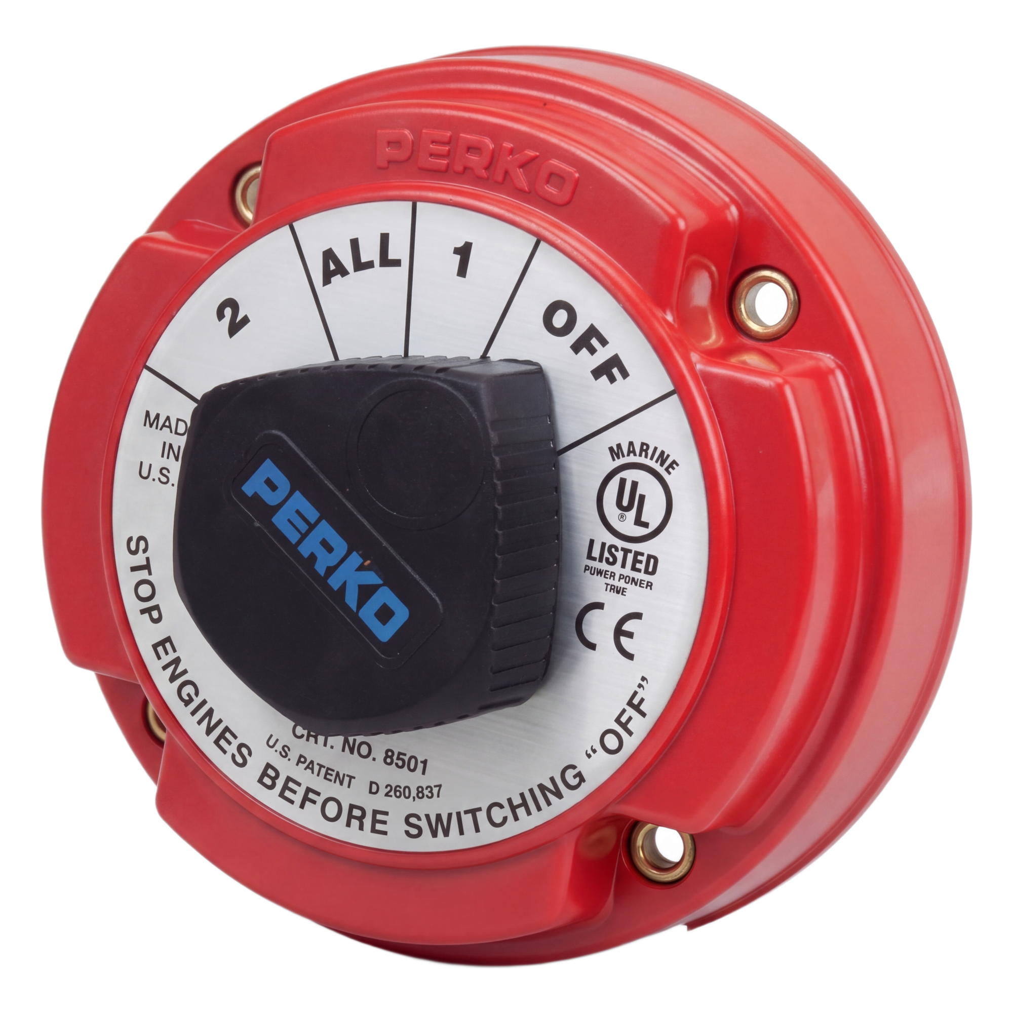 Switch Selector de Batería Marina PERKO 8501 / 250A Continuos 360A Intermitentes / 6-32 VCC / Encendido Protegido / Selector 1-2-Both-Off / Desconexión de Alternador · SKU 8501DP