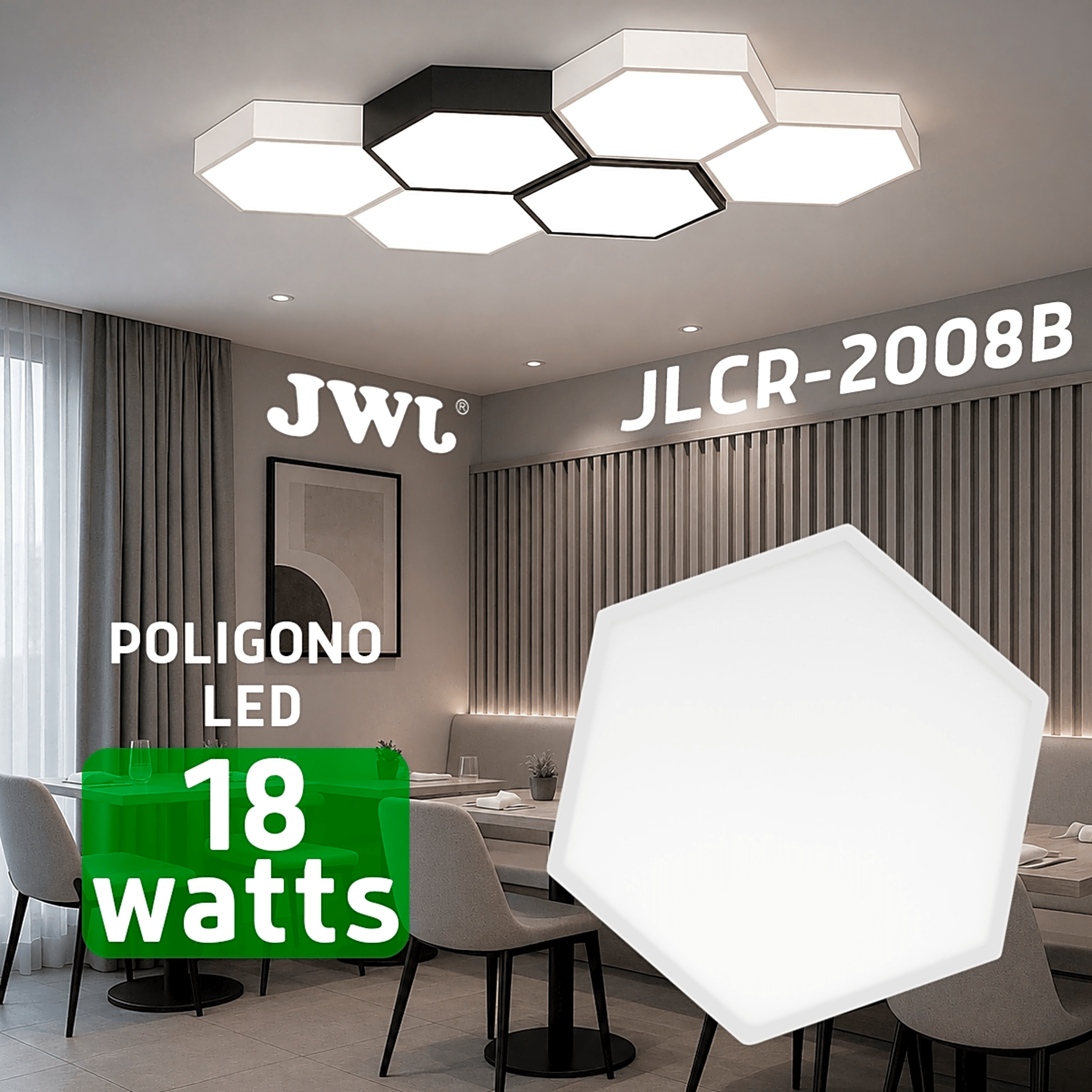 Lampara LED Poligonal de 18 W / 1 800 lm / 127-265V~50/60Hz / Acabado Blanco Mate / Angulo de Luz 140° / Dimensiones 230 x 60 mm (Largo y Alto) / Sobreponer /Luz Fría 6 500 K