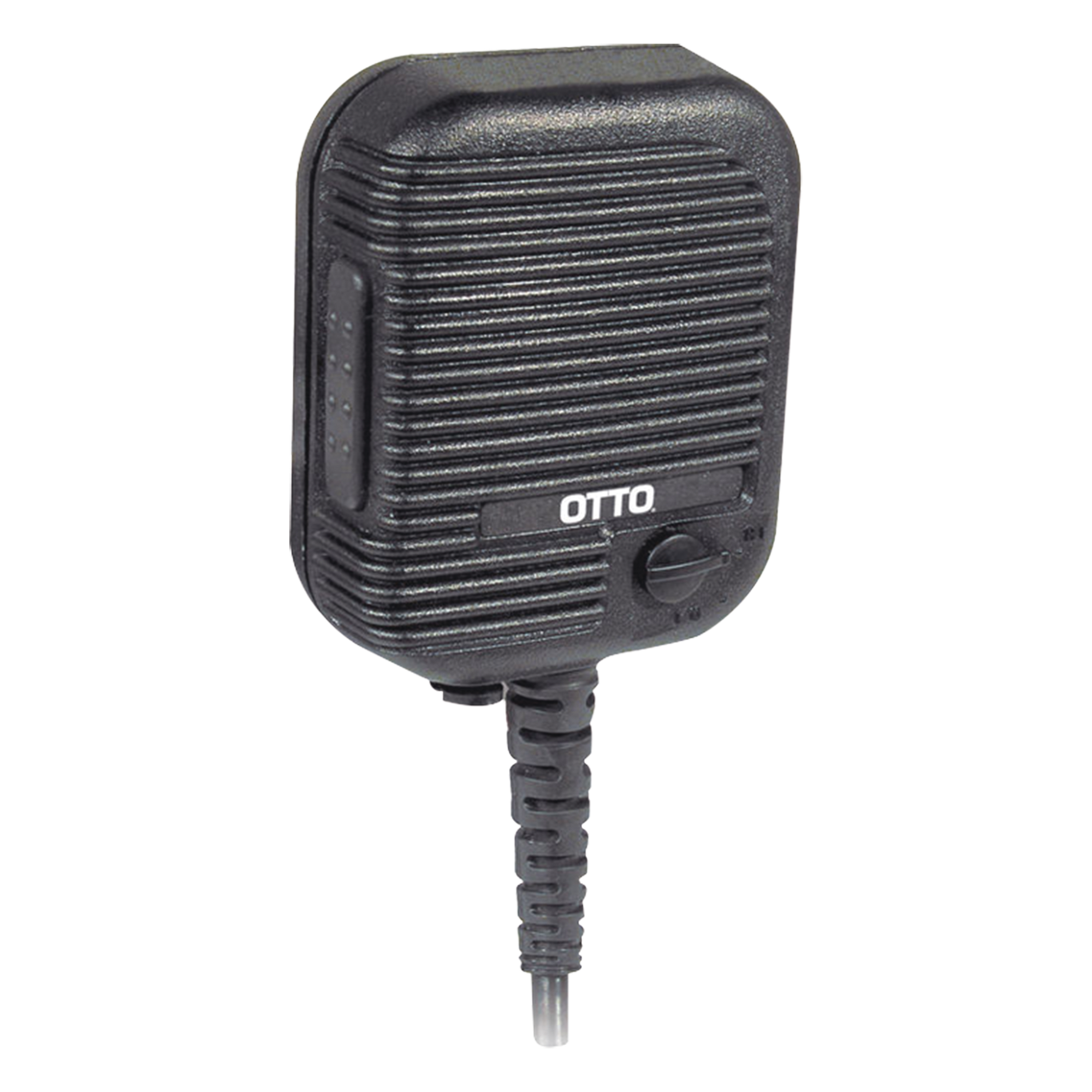 Micrófono-Bocina para Radio Portátil / Control de Volumen / PTT 1 Millón de Ciclos / Jack 2.5 mm / Cable Espiral 40 lb / Clip 360° / MIL-STD-810 — OTTO · SKU V2-10030