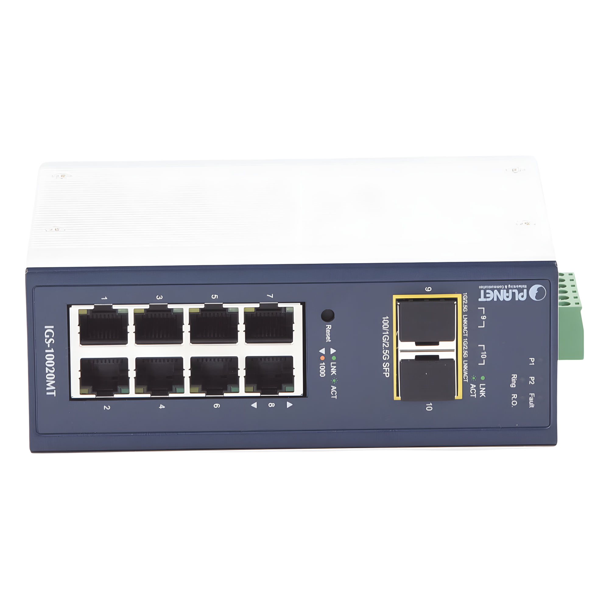 Switch Industrial Administrable Capa 2, 8 Puertos 10/100/1000T, 2 Puertos SFP 1G / 2.5 G BASE X — PLANET · SKU IGS-10020MT
