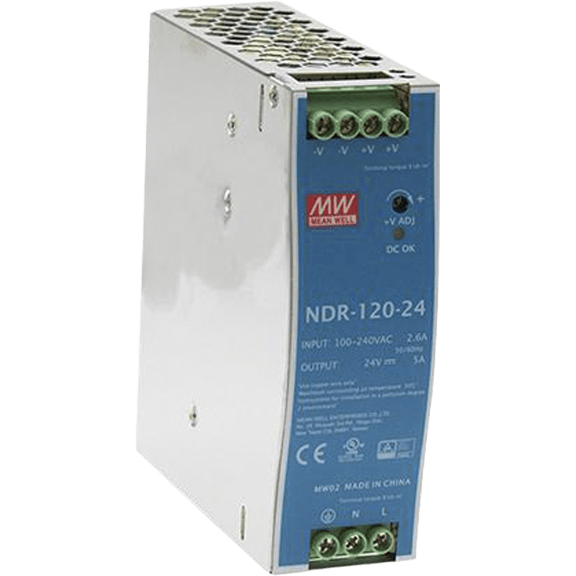 Fuente de Poder para Riel DIN / 120W / Salida 24Vcc 5A / Entrada Universal 90-264Vca / Eficiencia 88%