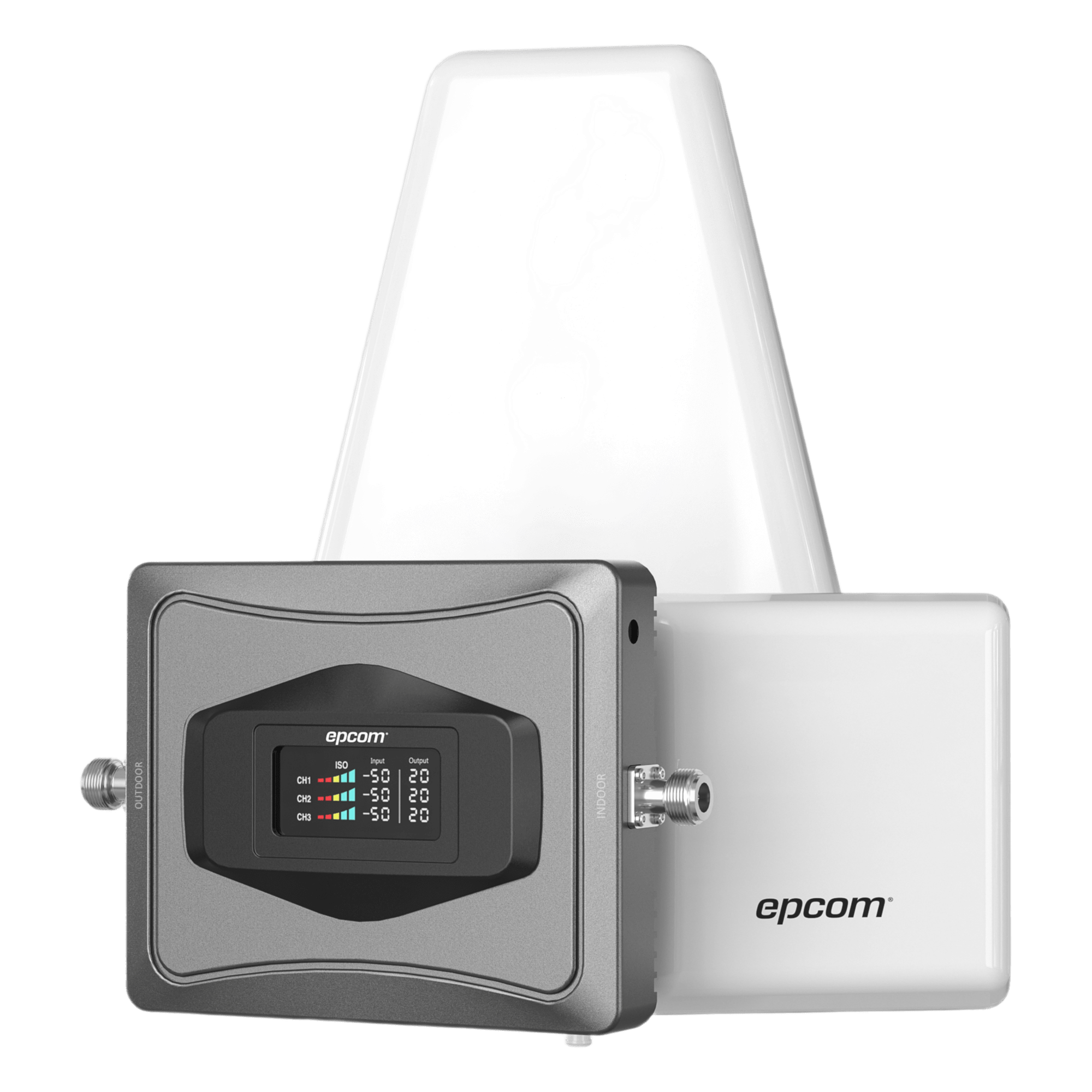 Kit Amplificador de Señal Celular 4G / Mejora las llamadas convencionales y VoLTE / Soporta los datos de las tecnologías 2G, 3G y 4G de TELCEL, AT&T y MOVISTAR / Cubre hasta 600 m2. — EPCOM · SKU EPTB4GV3