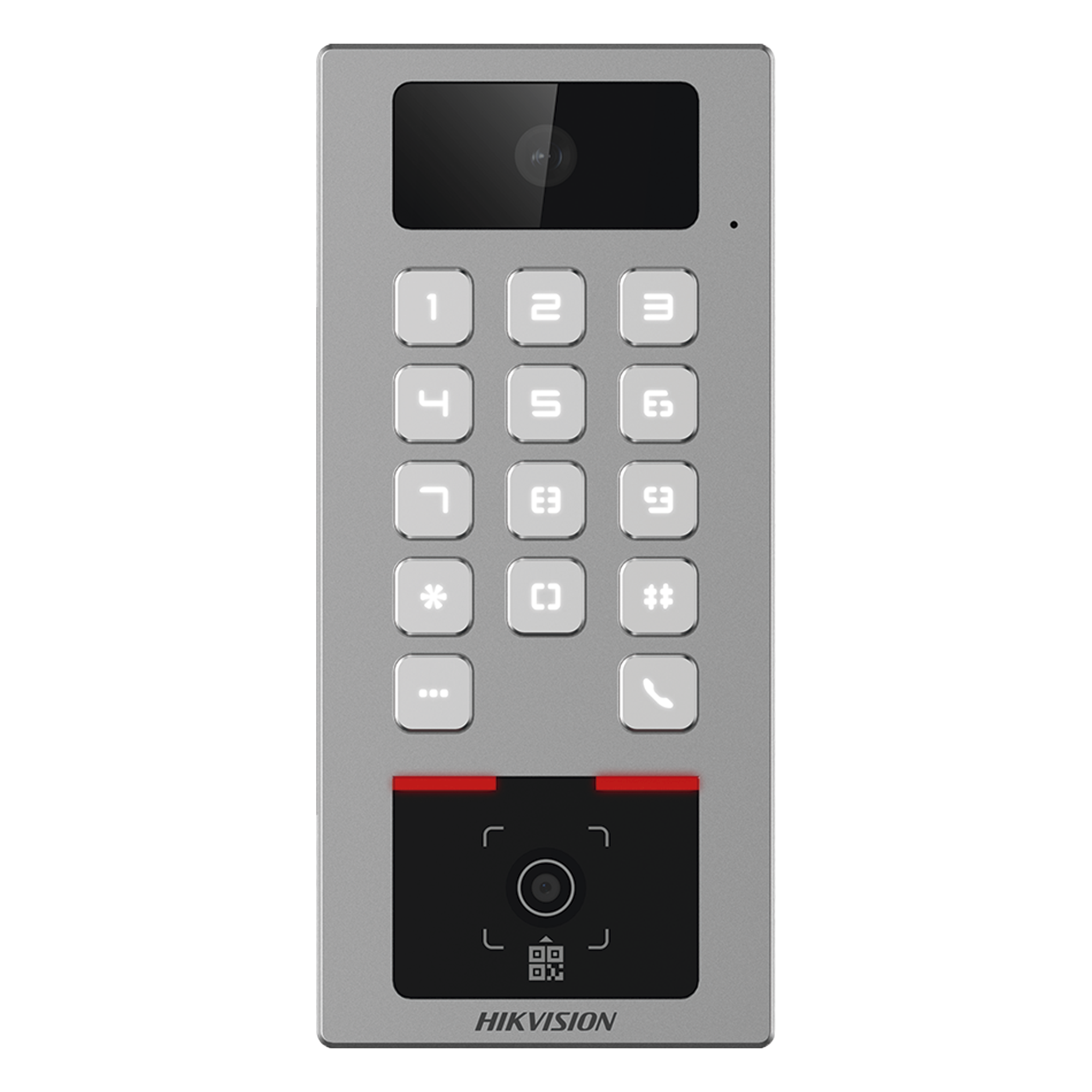 Teclado con Lector Físico de QRs para Exterior Antivandálico IP65 & IK09 con función de Videoportero Multiapartamento / Tarjeta, Código QR, PIN o App HikConnect / Cámara 2 MP compatible con NVRs / Soporta b — HIKVISION · SKU DS-K1T502DBWX-CQR
