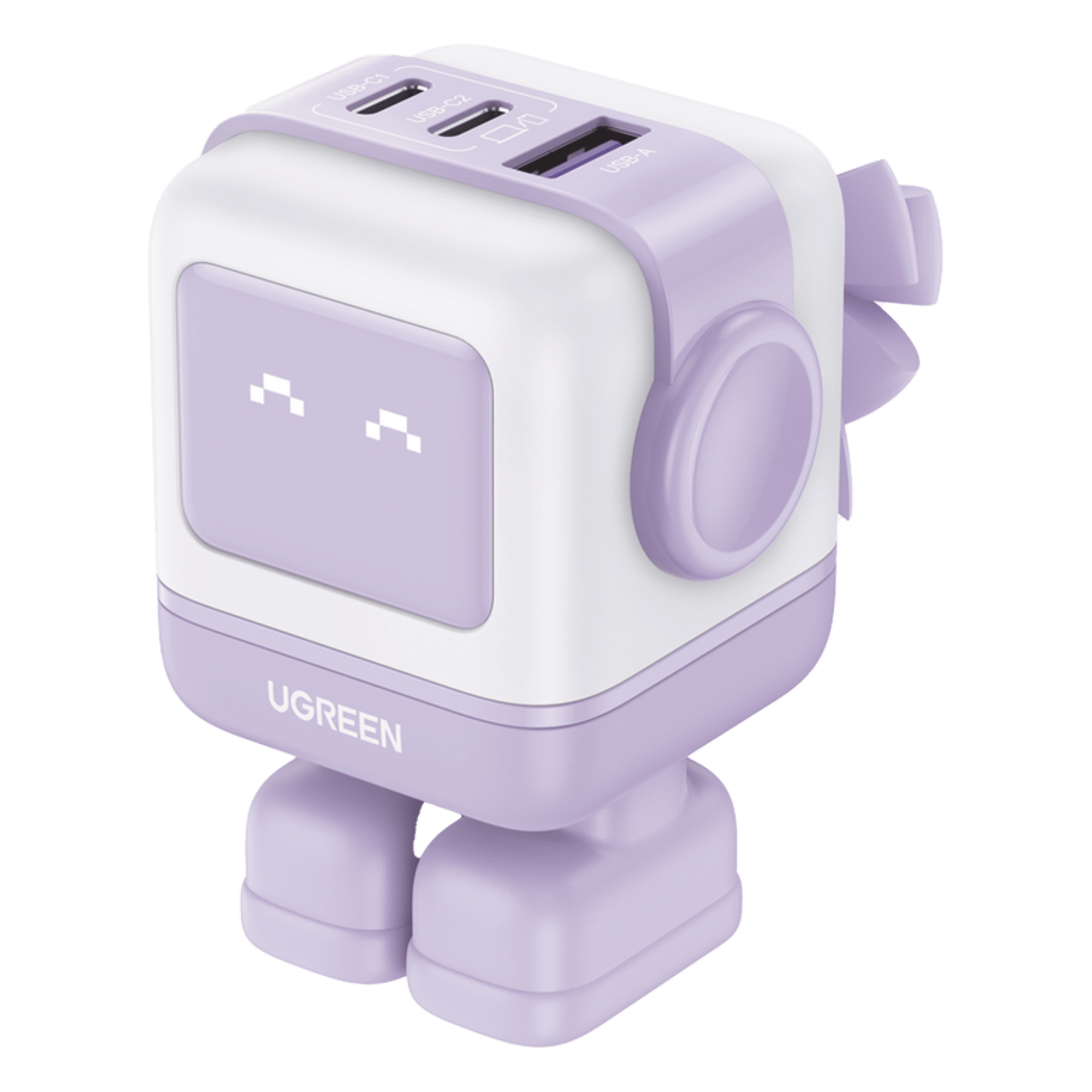 Cargador RobotGaN de 65W Serie UNO | 3 Puertos de Carga Rápida | 2 USB-C | 1 USB-A | PD 3.0 | QC 4.0 | Carga Inteligente | Tecnología GaN II | Zapato Magnético Extraíble | Carcasa Ignífuga | Pantalla LED — UGREEN · SKU 35314B