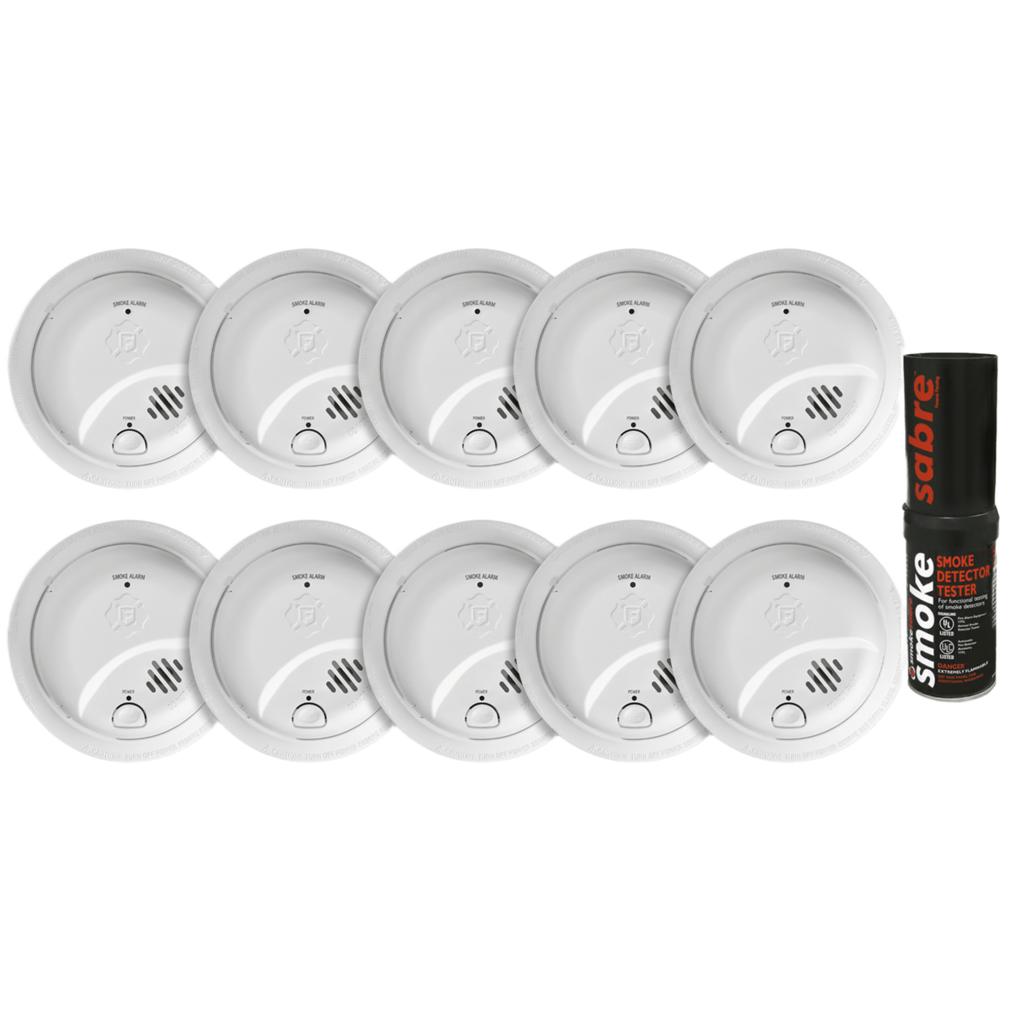 Kit de 10 Detectores de Humo Autónomos FIRST ALERT por Ionización / Alarma 85 dB / Botón Prueba y Silencio / Probador SABRE SDI