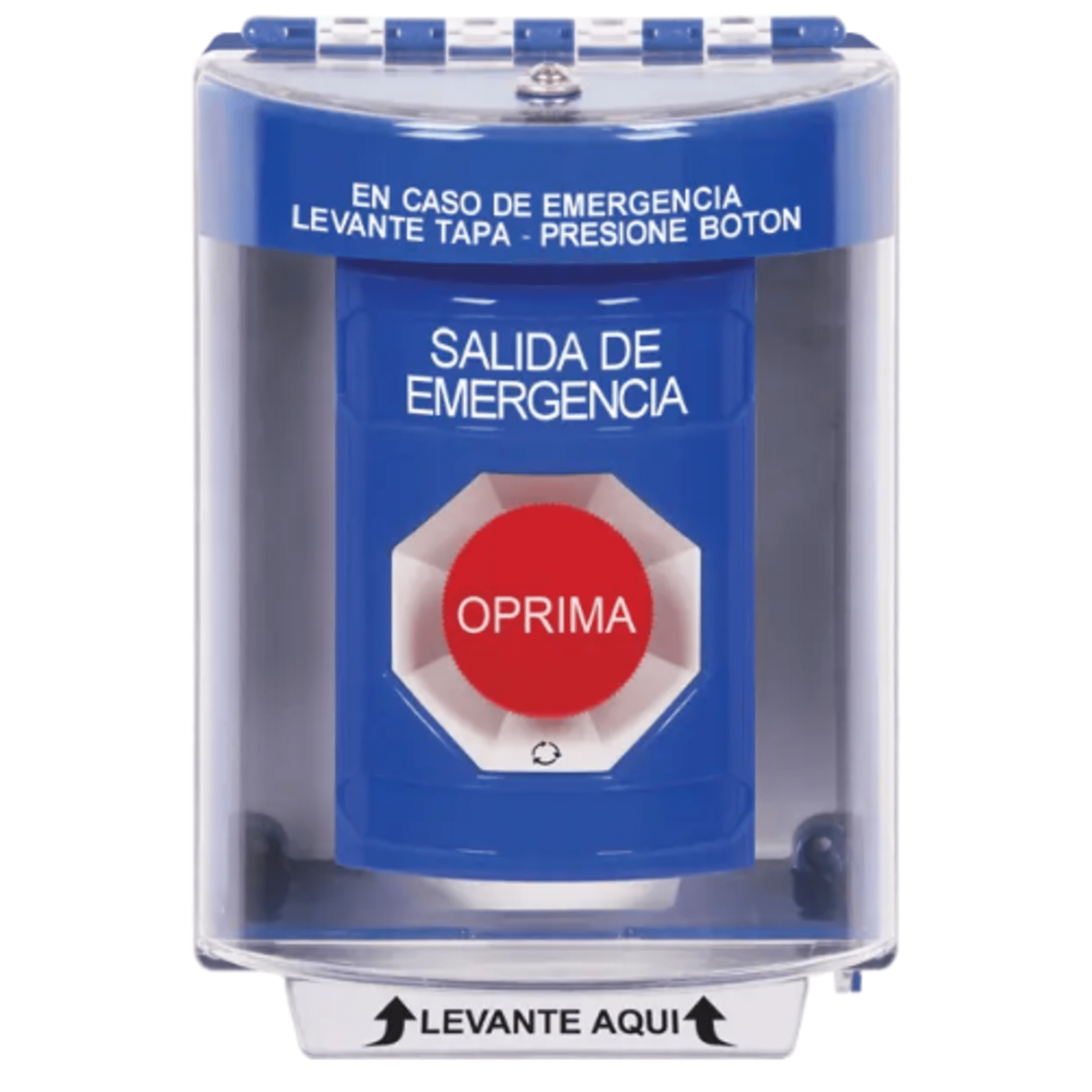 Botón Multipropósito, Color Azul, De Superficie, Con Tapa De Policarbonato, Sin Bocina, Para Interior/Exterior, Llave Para Restablecer, Texto Salida De Emergencia, Español — STI · SKU SS2471EX-ES