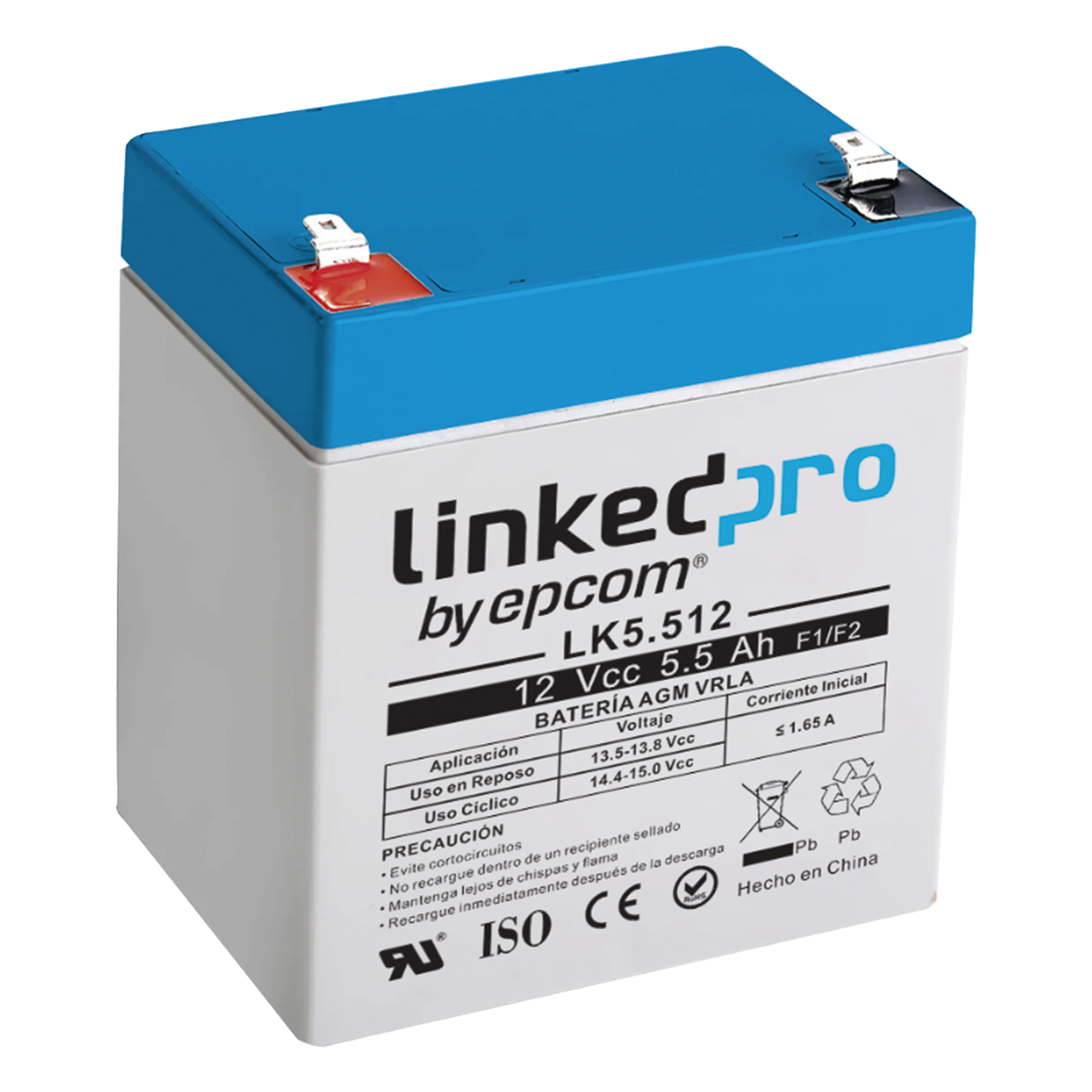 Batería de respaldo 12 V | 5.5 Ah | AGM | Especial para Seguridad Electrónica | UPS | Sistemas de Emergencia | Vida útil 5 años | Terminales F1 + Adaptador F2 — LINKEDPRO BY EPCOM · SKU LK5.512
