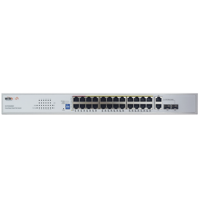 Switch PoE (802.3af/at/bt) / No administrable de largo alcance / Hasta 250m / Con 24 x 10/100Mbps + 2 x SFP Gigabit Combo / 250 W