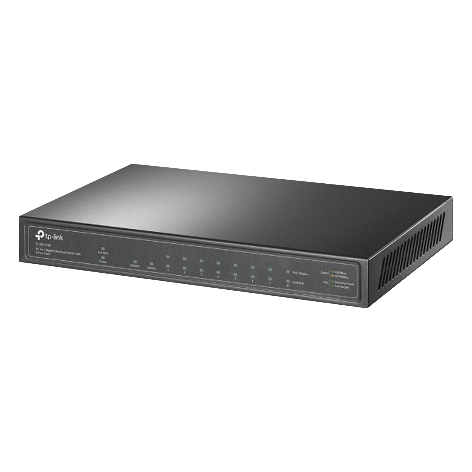 Switch de escritorio PoE+, no Administrable 8 puertos 10/100/1000 Mbps + 1 puertos 10/100/1000 Mbps (Uplink) + 1 puerto SFP, 63W — TP-LINK · SKU TL-SG1210P