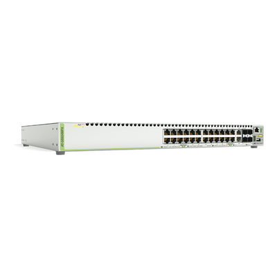 Switch PoE+ Stackeable Capa 3, 24 puertos 10/100/1000 Mbps + 2 puertos SFP Combo + 2 puertos SFP+ 10 G Stacking, 370 W — ALLIED TELESIS · SKU AT-GS924MPX-10