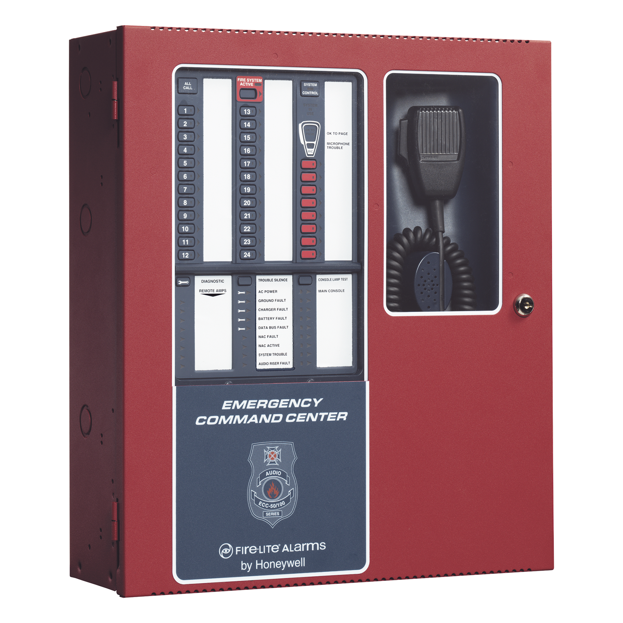 Centro de comando de emergencia para voceo y evacuación por voz, 50 W ampliable a 100 W, 8 circuitos de entrada — FIRE-LITE · SKU ECC-50/100