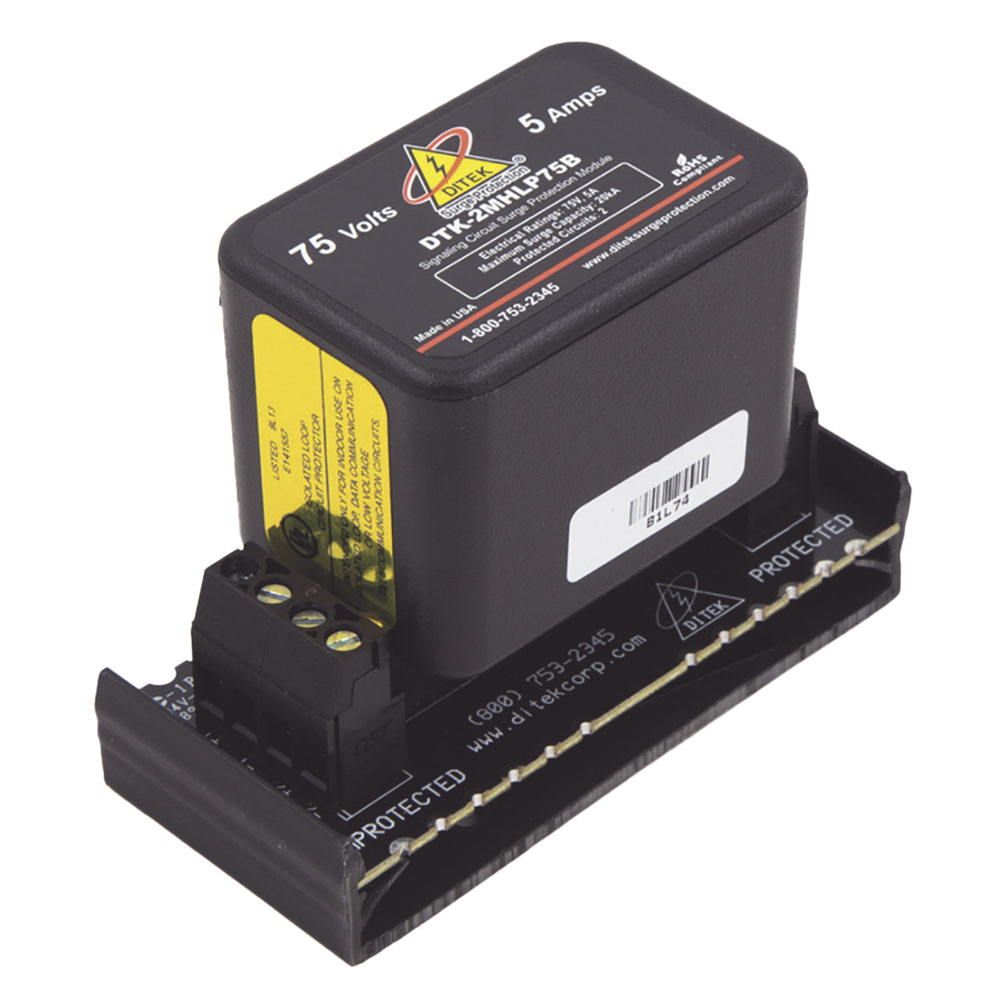 Protector Modular 75 V / 2 Pares / Base Desmontable / Snap-Track / Voz Datos y Señalización — DITEK · SKU DTK-2MHLP75BWB