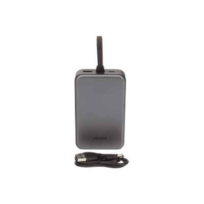 Power Bank Portatil | 20000mAh (74Wh) | 30W | Con Cable USB-C Incorporado | 2 Salidas 22,5W | Pantalla Inteligente | Multiple Proteccion | Aprobado por Aerolíneas | Color Grey.