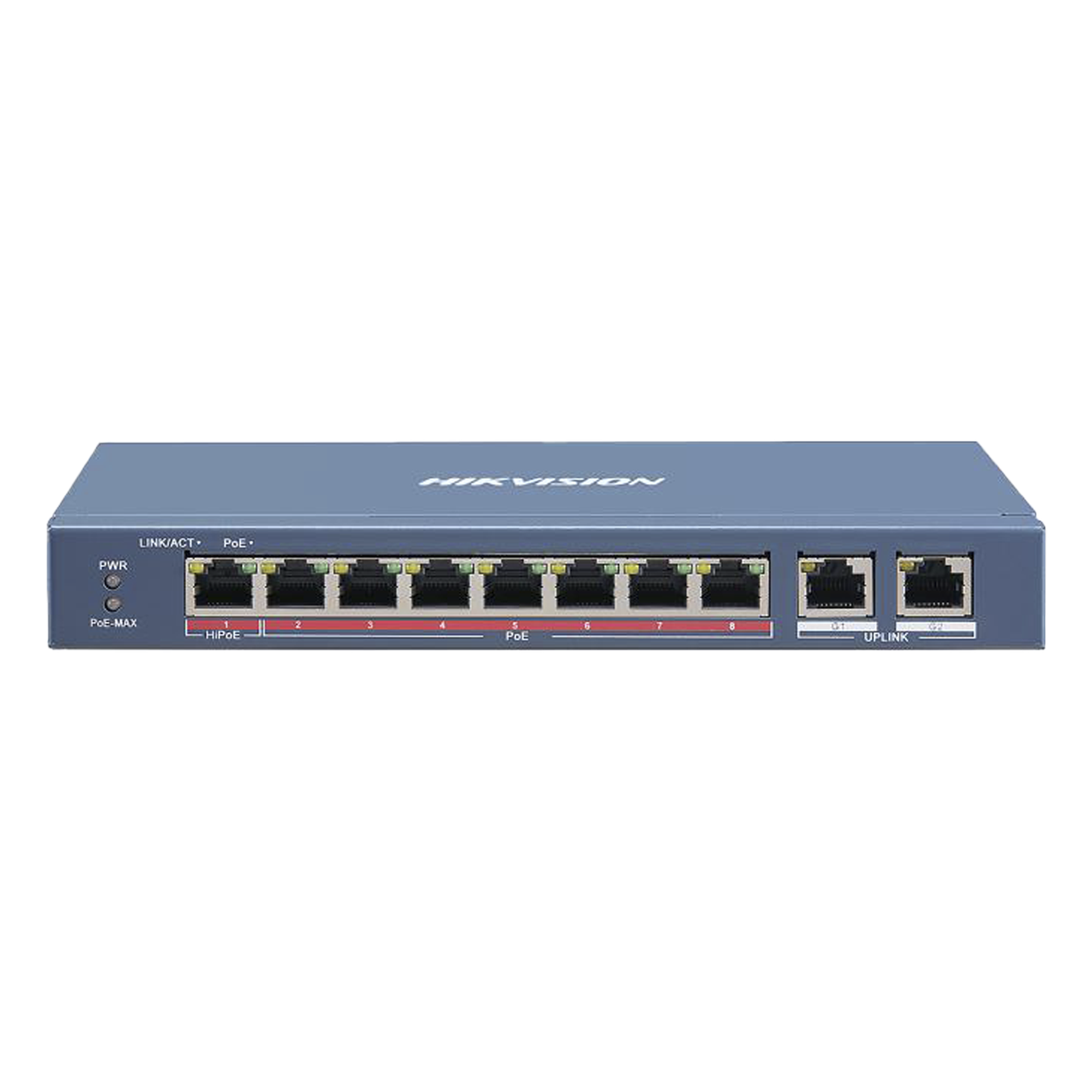 Switch PoE+ / No Administrable / 7 Puertos 10/100 Mbps 802.3 af/at (30 W) / 1 Puerto 10/100 Mbps Hi-PoE (90 W) / 2 Puertos 1000 Mbps Uplink / Modo Extendido hasta 300 Metros / 110 Watts — HIKVISION · SKU DS-3E0310HP-E