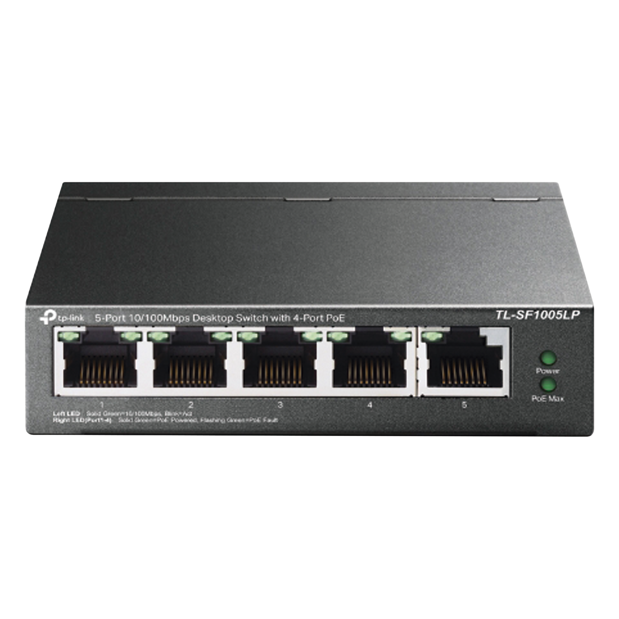 Switch PoE No Administrable de Escritorio / 5 puertos 10/100 Mbps / 4 puertos PoE af / Presupuesto 41 W / Modo extensor PoE hasta 250 metros / Calidad video prioritaria — TP-LINK · SKU TLSF1005LP