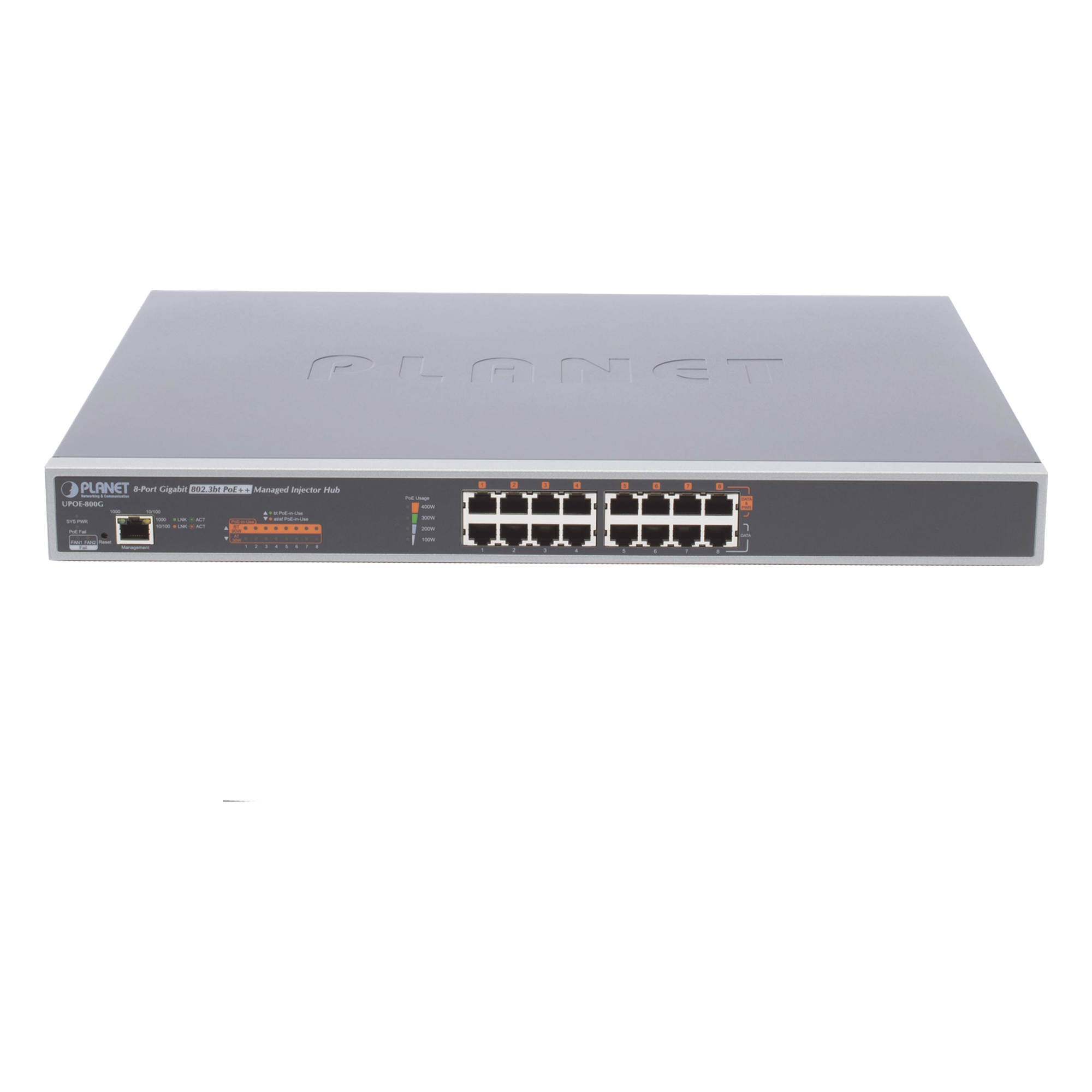 Inyector HUB Adminsitrable Ultra PoE 802.3af/at 8 Puertos Gigabit, Potencia 400W — PLANET · SKU UPOE-800G