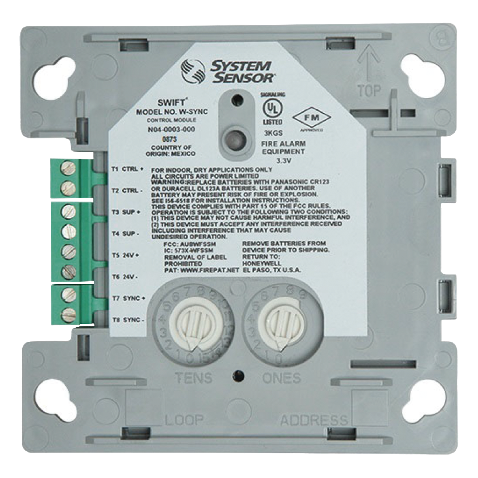 Módulo de Sincronización Inalámbrico / Compatible con Paneles Notifier, Fire-Lite, Silent Knight y Farenhyt / Incluye Baterías — SYSTEM SENSOR · SKU W-SYNC