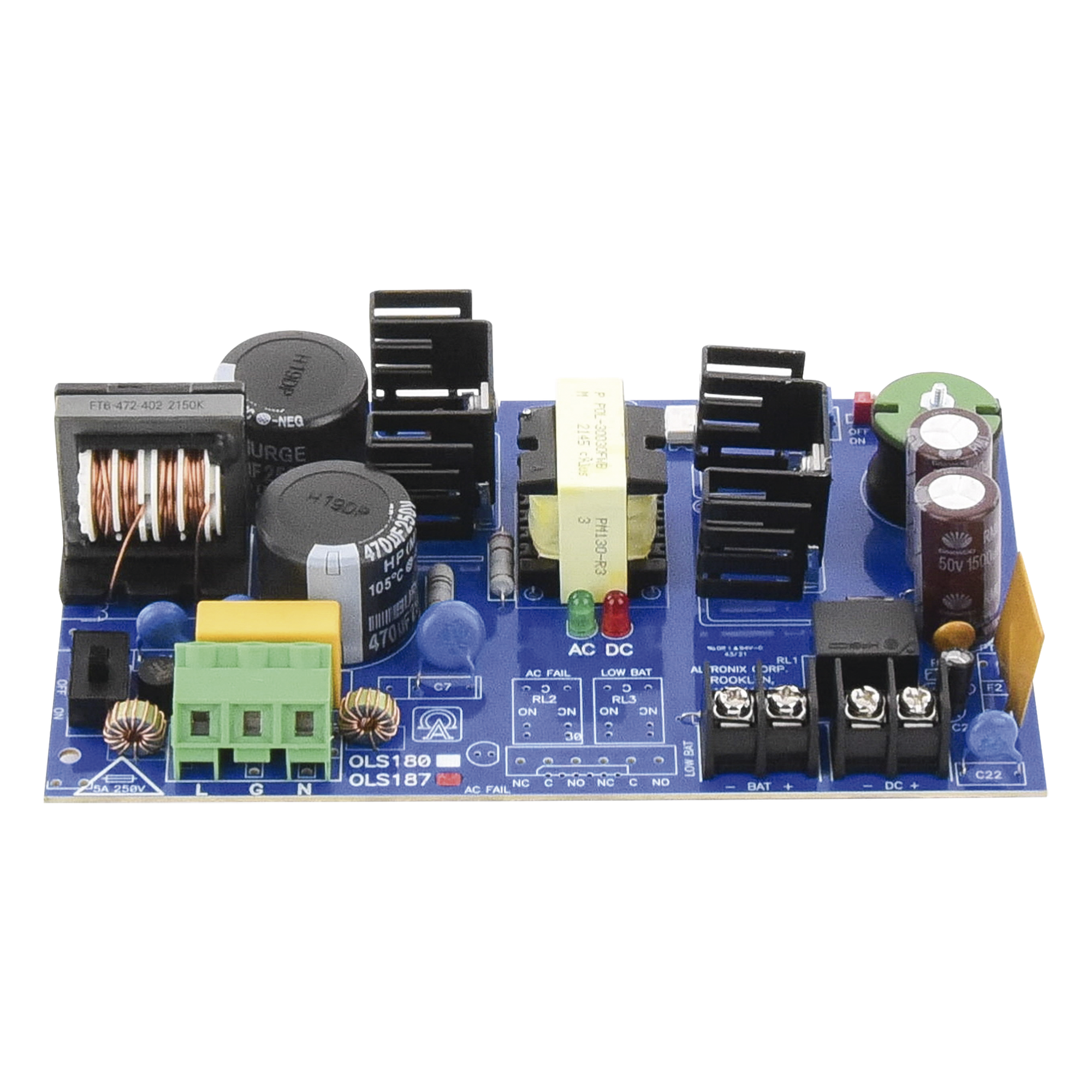Fuente de Alimentación Tipo Tarjeta / 12/24 VCC Seleccionable / 6 A de Corriente Continua / Entrada 115 VCA 50/60 Hz / Respaldo con Batería / Protección contra Cortocircuito y Sobretensión — ALTRONIX · SKU OLS-187