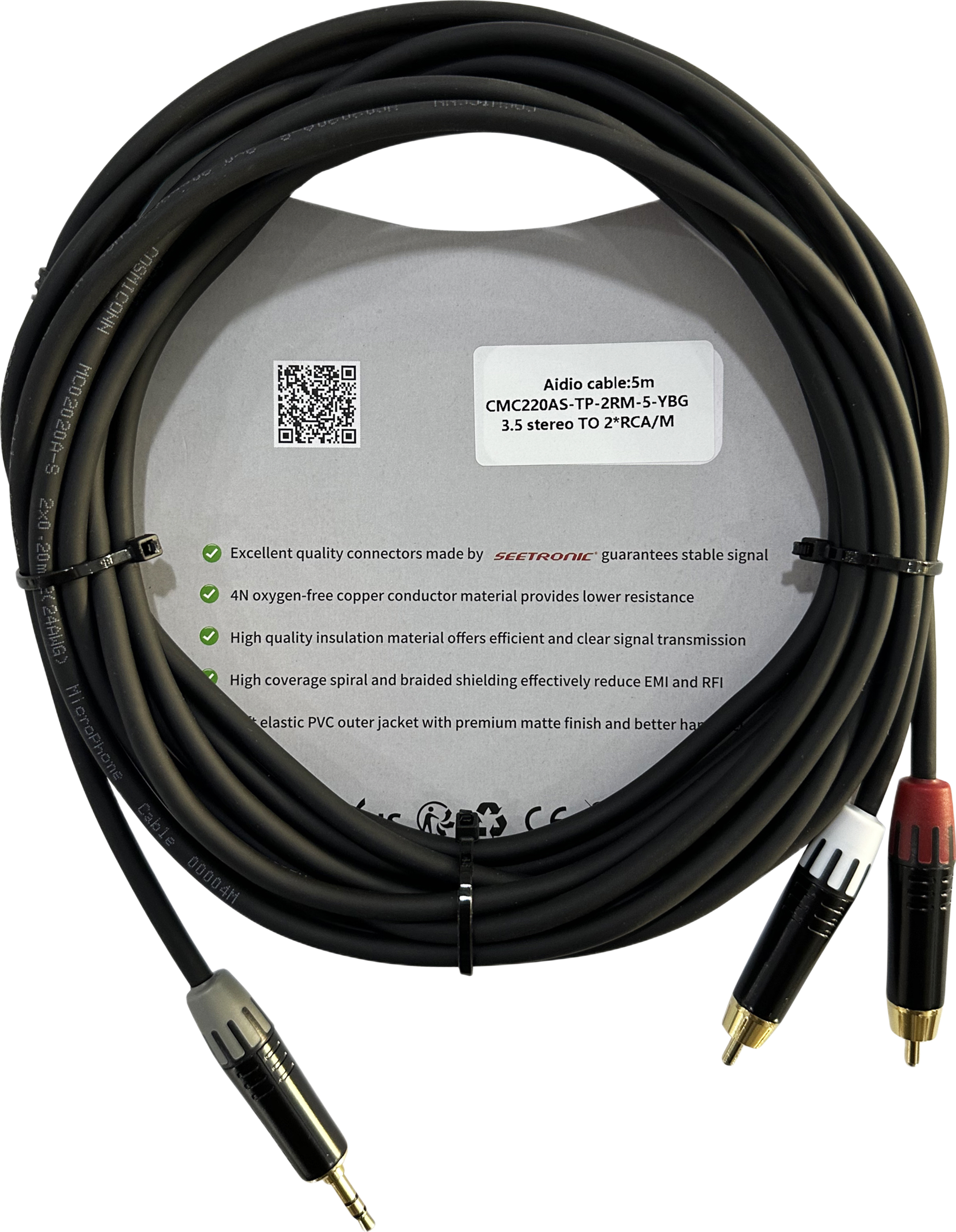 Cable 3.5mm a 2 RCA, conectores negros, con diferenciador de blanco y rojo en RCA MT380-RD - MT380-WH - MTP3C-BG, length 5m