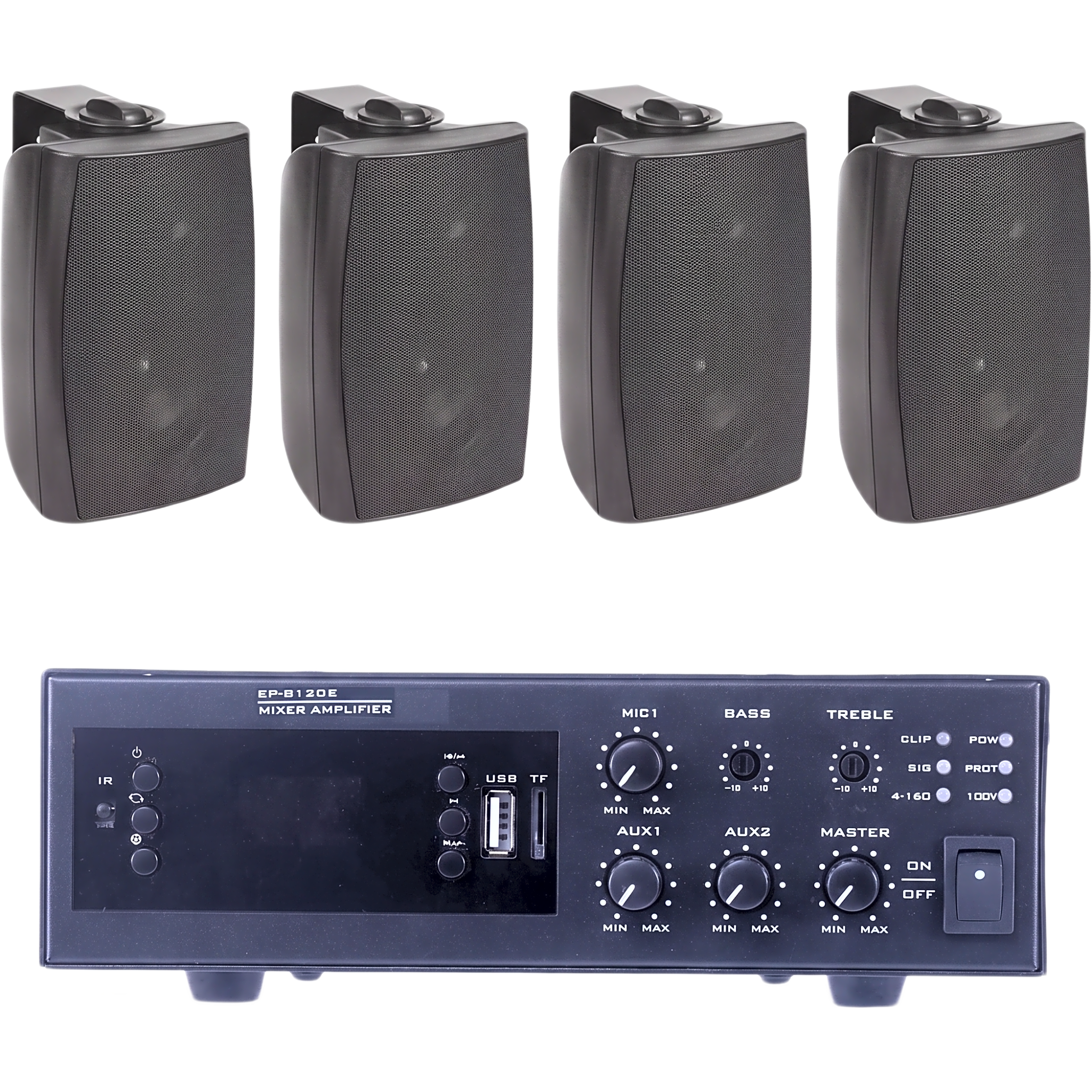 KIT de Amplificador de 120W para Escritorio | 4 Altavoces de Pared color Negro 2.5W - 20W | Sistema 70/100V — EPCOM PROAUDIO · SKU EPB120E/4WS