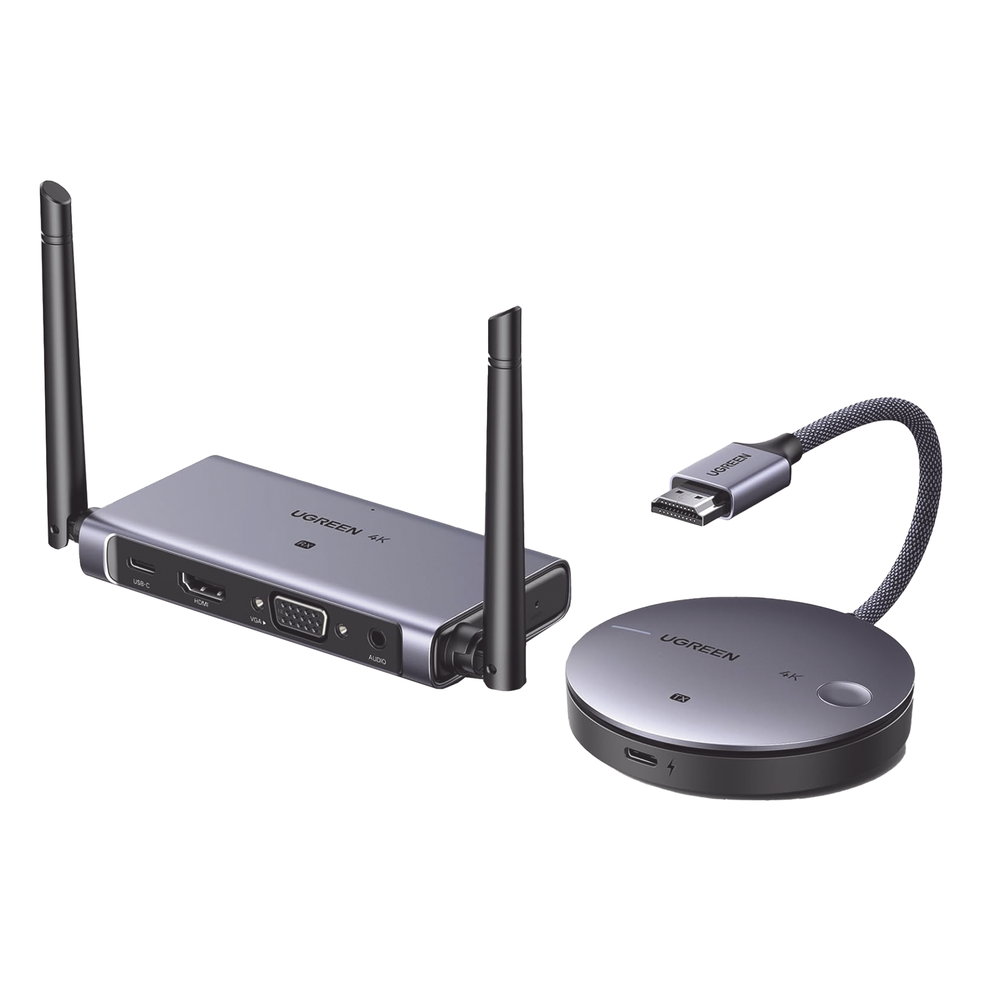 Extensor HDMI Inalámbrico / 1080p@60Hz a 50 m (164 ft) / 4K@30Hz a 30 m (98.4 ft) / Salida HDMI y VGA Simultánea / Audio 3.5 mm / Plug and Play — UGREEN · SKU 90909A