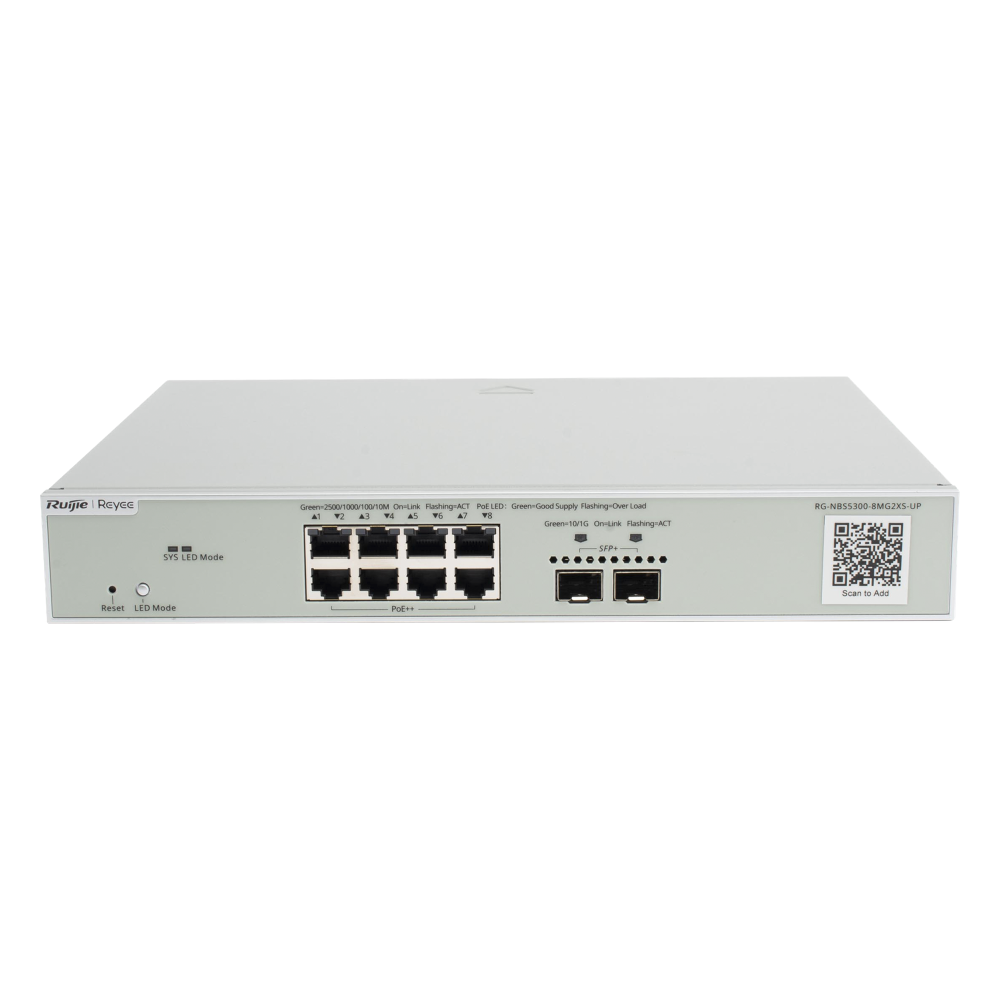 Switch Multi-Gigabit PoE++ 370W 802.3bt Capa 3 Administrable Cloud, Diseñado Para Access Points WiFi 6/7 — RUIJIE · SKU RG-NBS5300-8MG2XS-UP