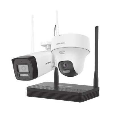 Kit IP Inalámbrico 4 Megapixel / NVS 4 Canales / 1 Cámara Bala Exterior + 1 Cámara Turret Interior con Lente 2.8 mm y Dual Light / Audio Bidireccional (Micrófono y Bocina) / Soporta Micro SD de 512 GB — HIKVISION · SKU NKS424W02H