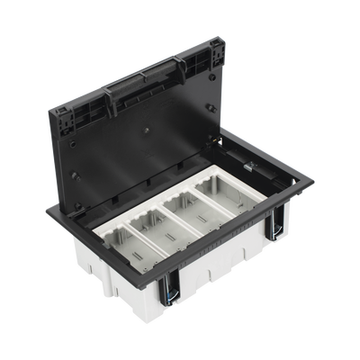 Caja Para Instalación en Pavimento para Voz, Datos o Contactos Eléctricos / Capacidad para 4 Módulos / Espacio Embellecedor en la Tapa / Profundidad Ajustable de 70 a 100 mm (2.76 a 3.94 pulgadas) / Los Módulos se Adquieren Aparte / Incluye Registro