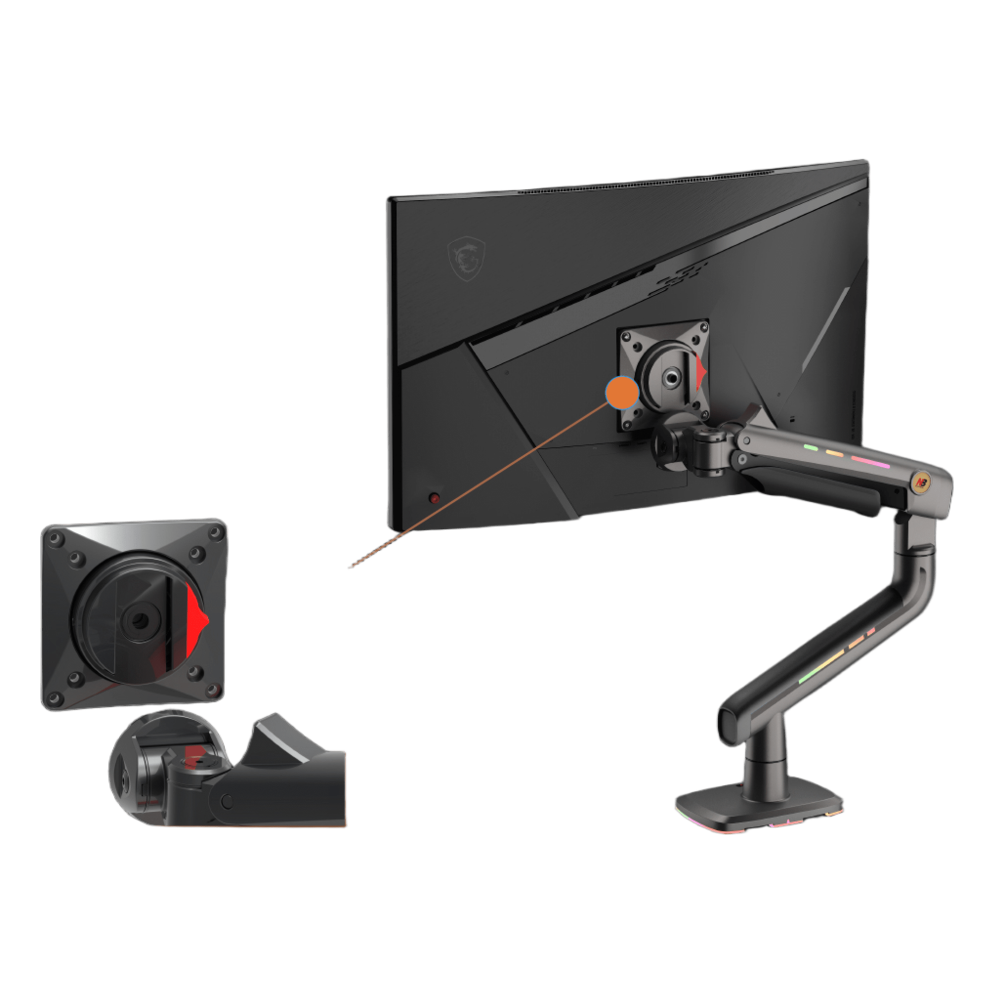 Soporte Mecánico para Monitor / 32" a 60" / Carga 2-20 kg (4.4-44 lbs) / VESA 75x75 y 100x100 mm / Iluminación RGB / Resorte de Alta Precisión / Rotación 360°