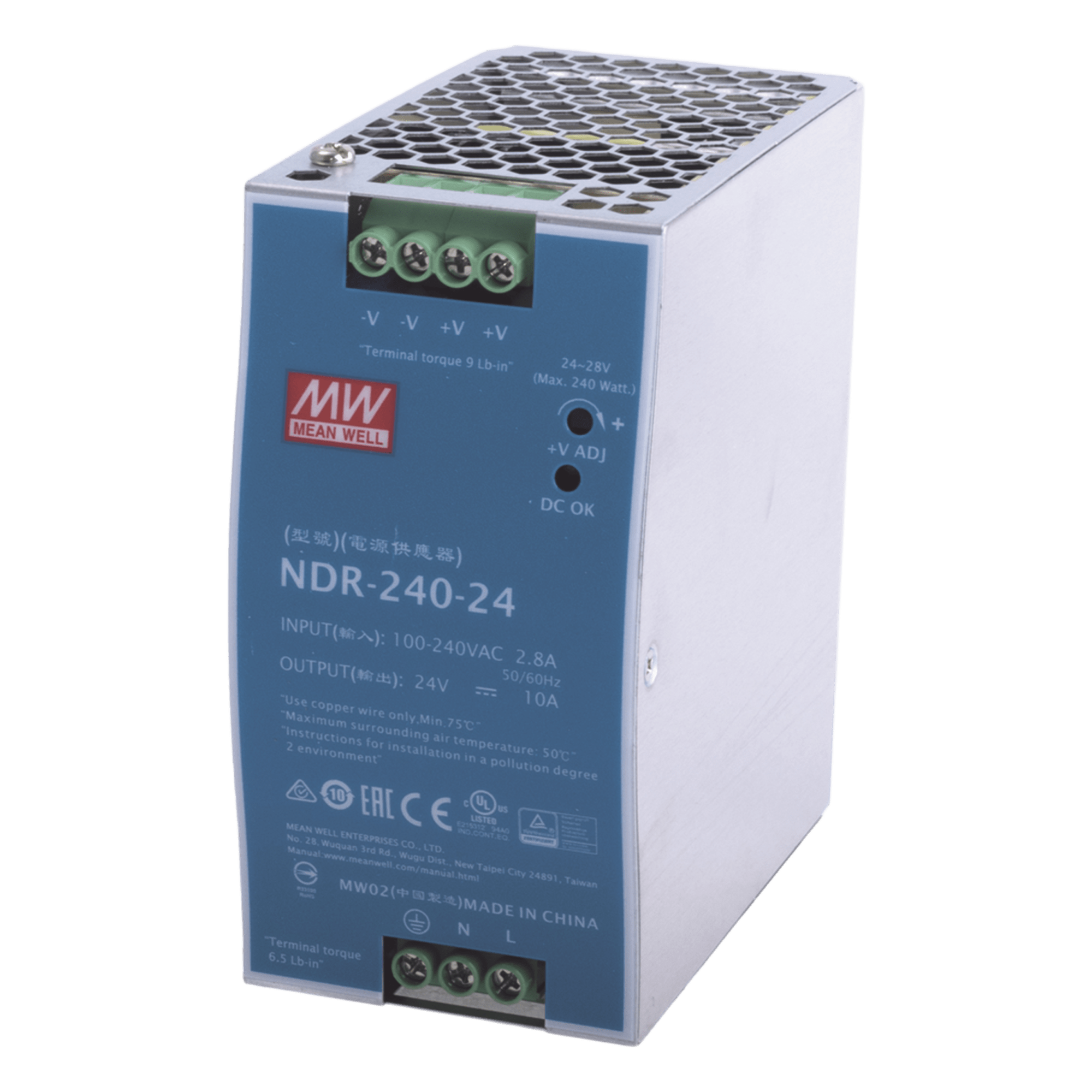 Fuente de poder industrial para riel DIN / 240W / 24Vcc / 10A / Entrada: 90-264Vca