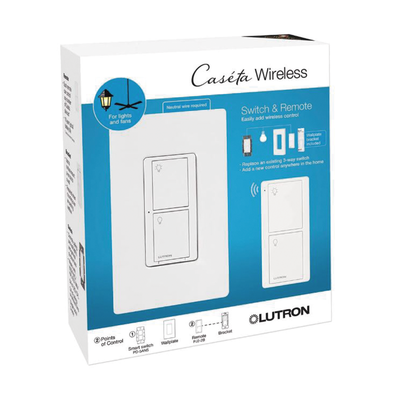 Kit de interruptor de pared Caseta Wireless de 5 A para todo tipo de focos y ventiladores, con control Pico de 2 botones, adaptador de montaje y placa, 120 V, requiere neutro — LUTRON CASETA WIRELESS · SKU PPKG1WSWH