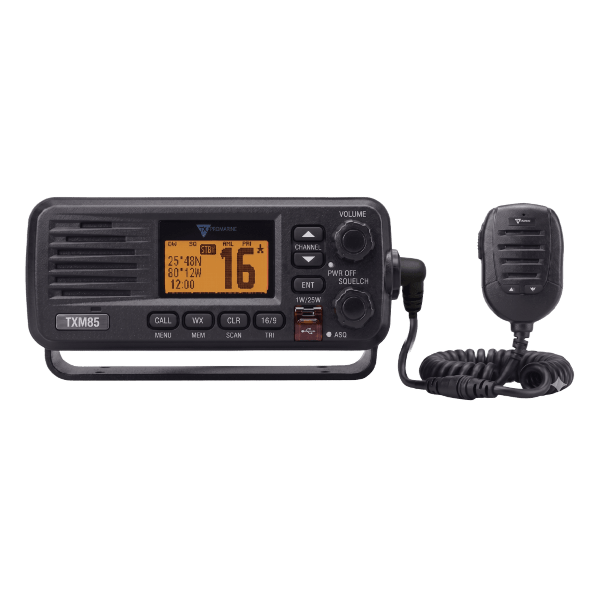 Radio VHF Marino / 25 W / IPX7 1 m (3.3 ft) / Dual y Tri-Watch / Canales Internacionales / Altavoz 4.5 W — TXPROMARINE · SKU TXM85